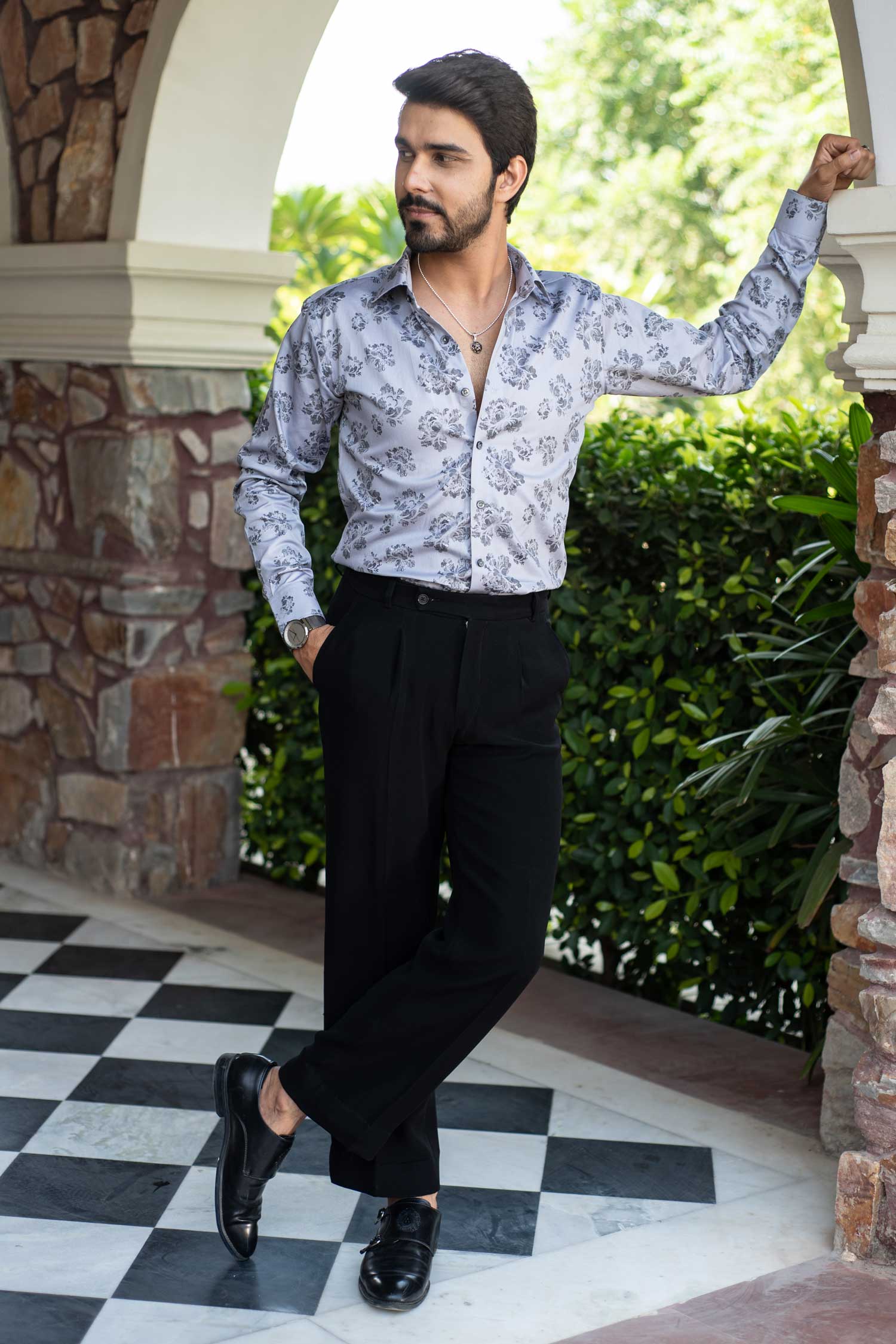 Grey Petunia - Grey Floral Printed Giza Cotton Shirt