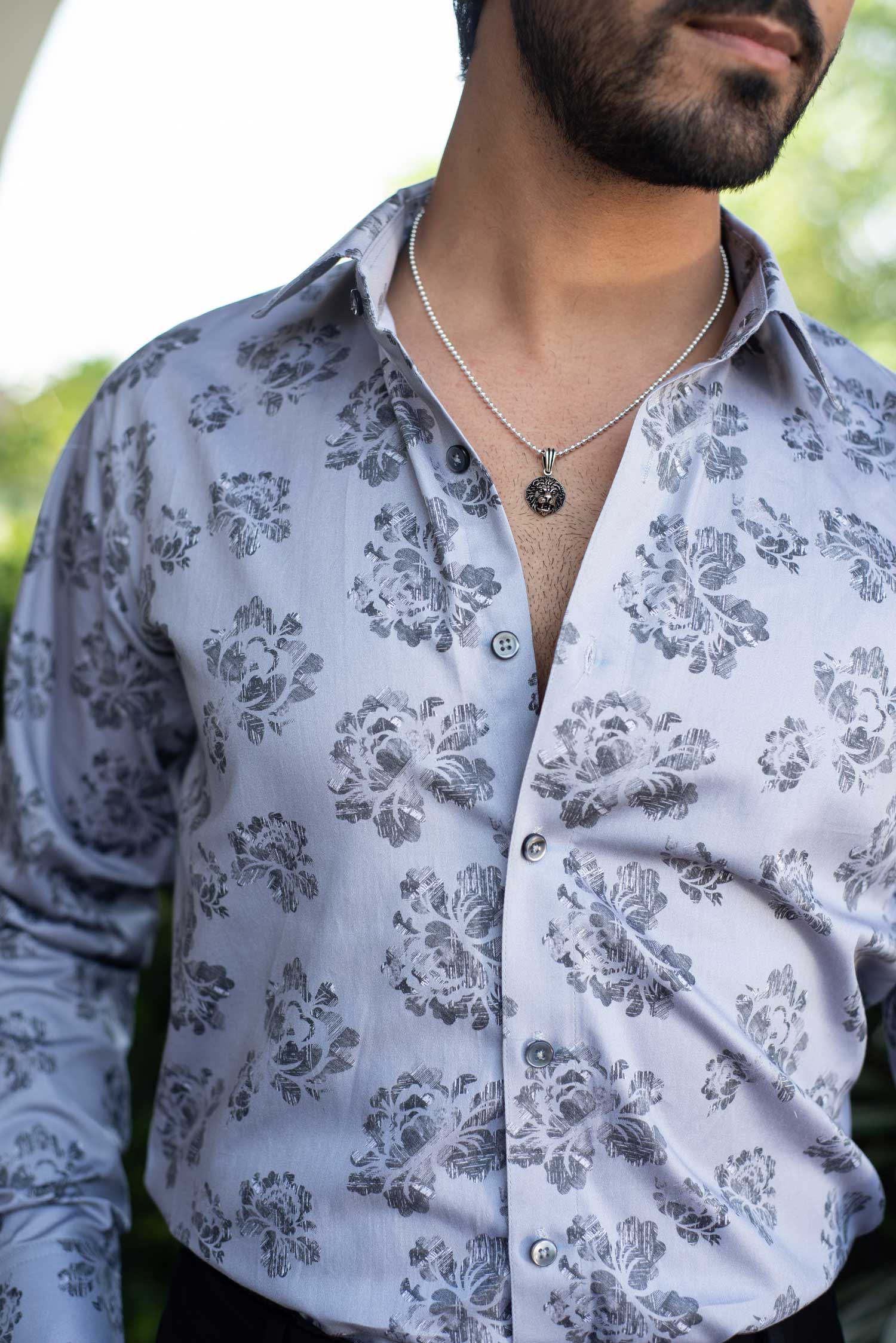 Grey Petunia - Grey Floral Printed Giza Cotton Shirt