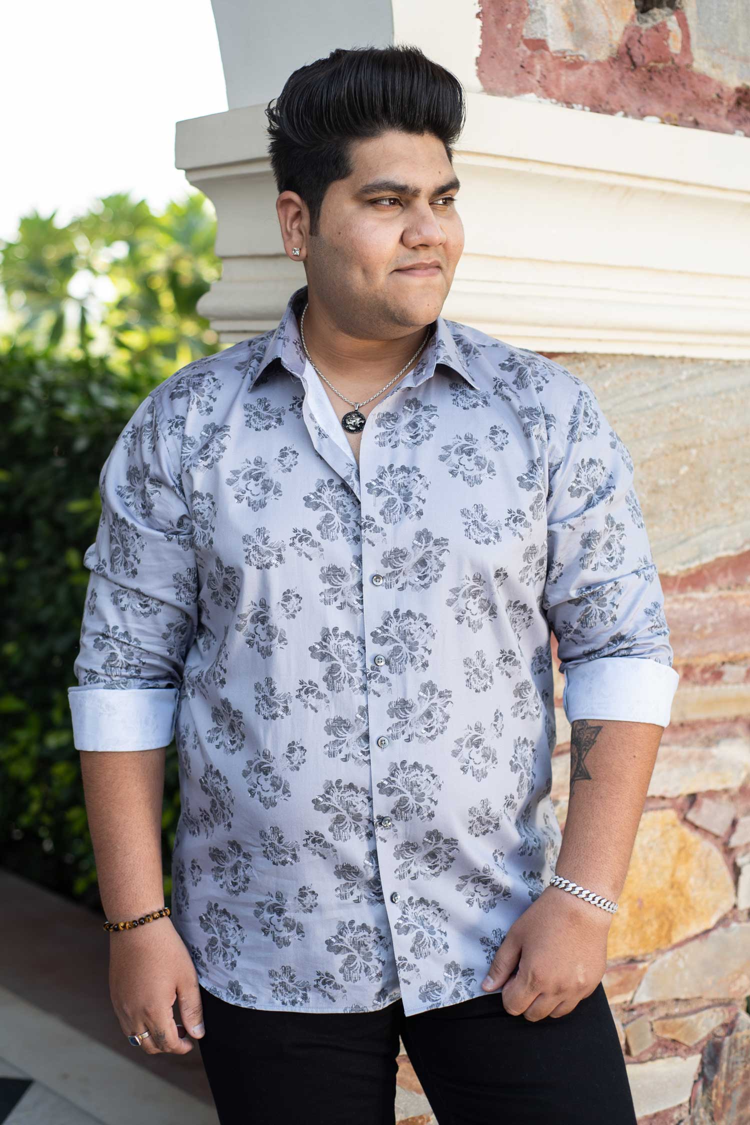 Grey Petunia - Grey Floral Printed Giza Cotton Shirt