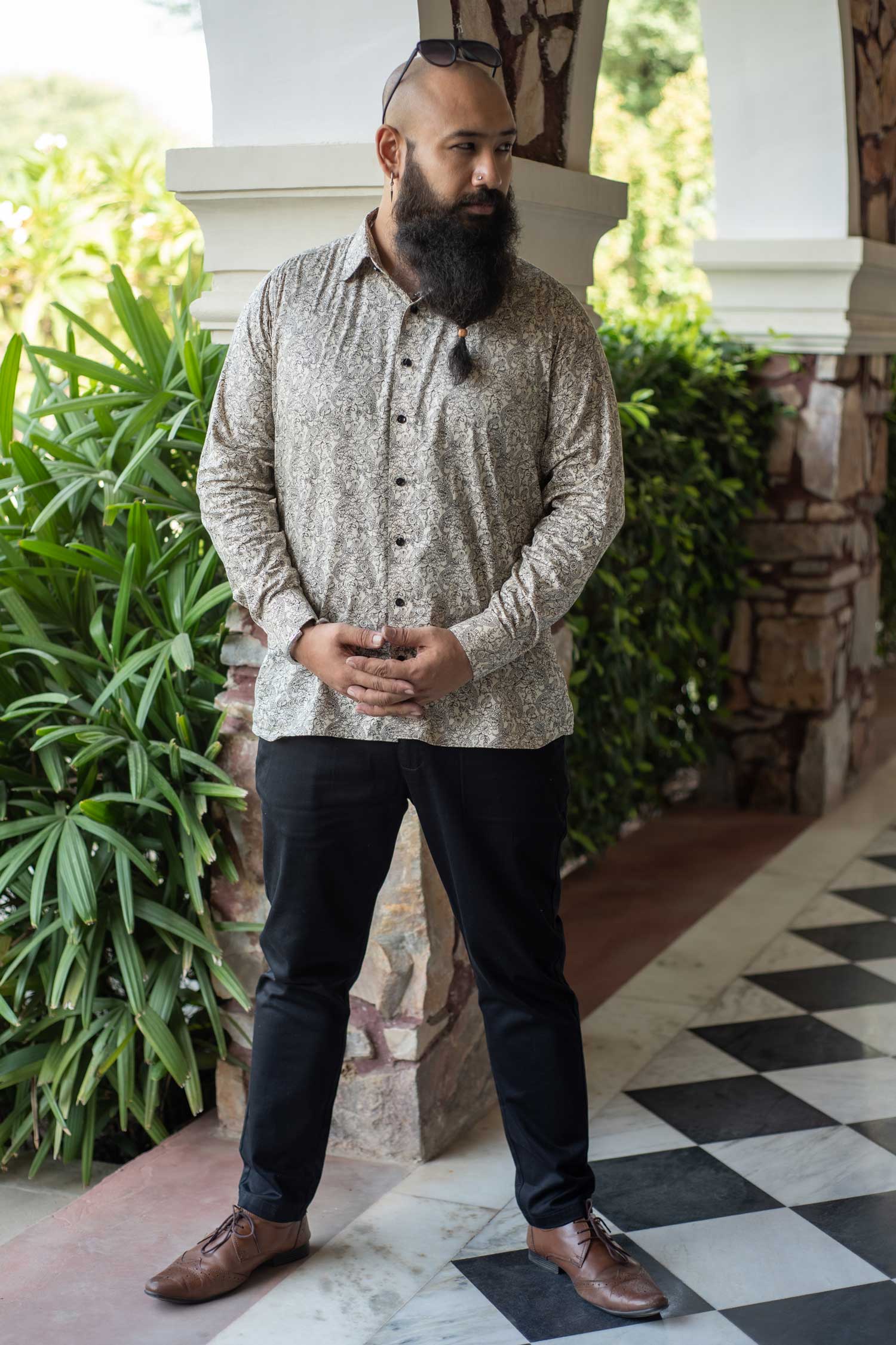 Cork Beige - Beige and Black Printed Giza Cotton Shirt