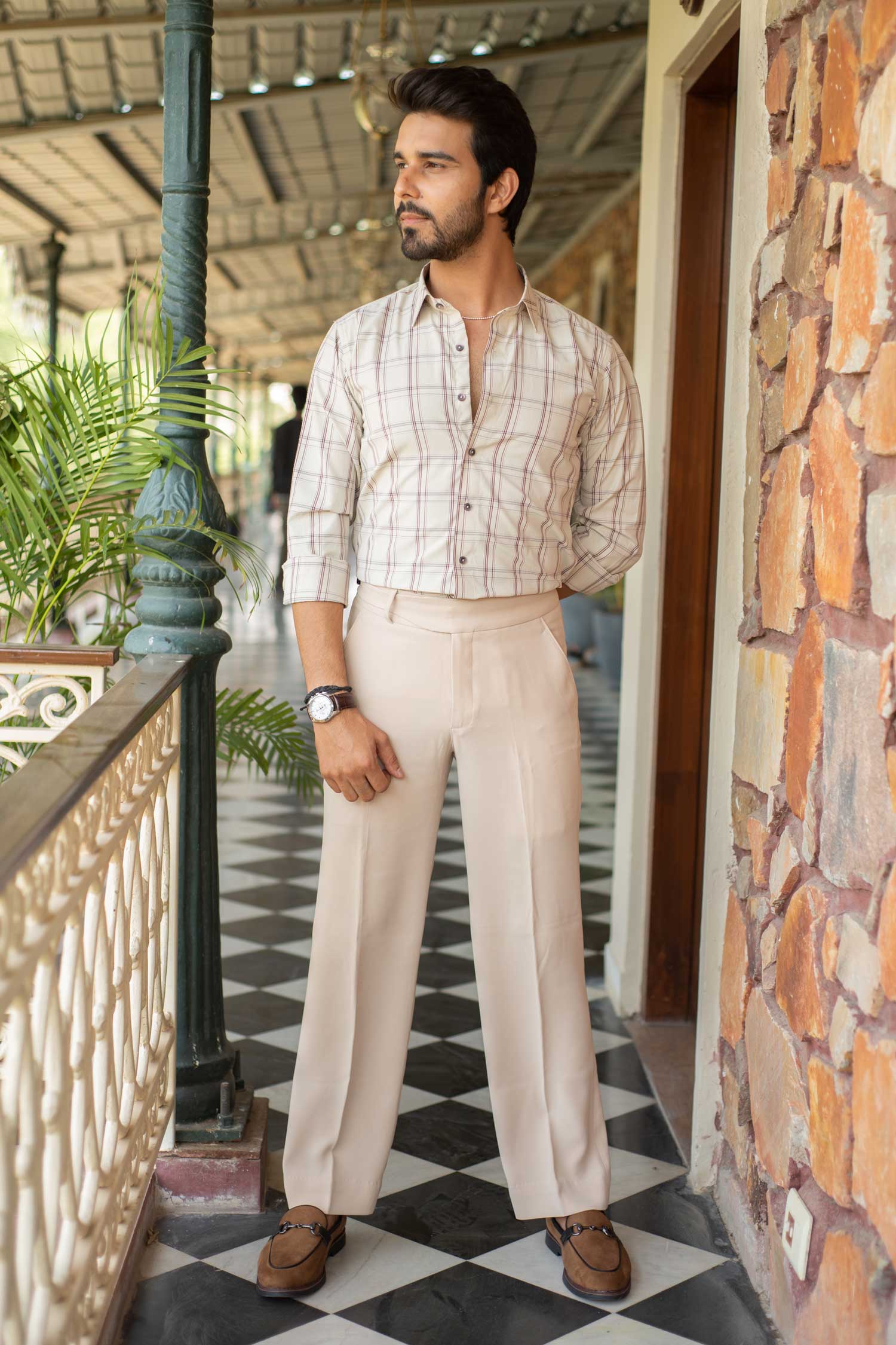 Sandberry - Beige and Wine Checks Shirt