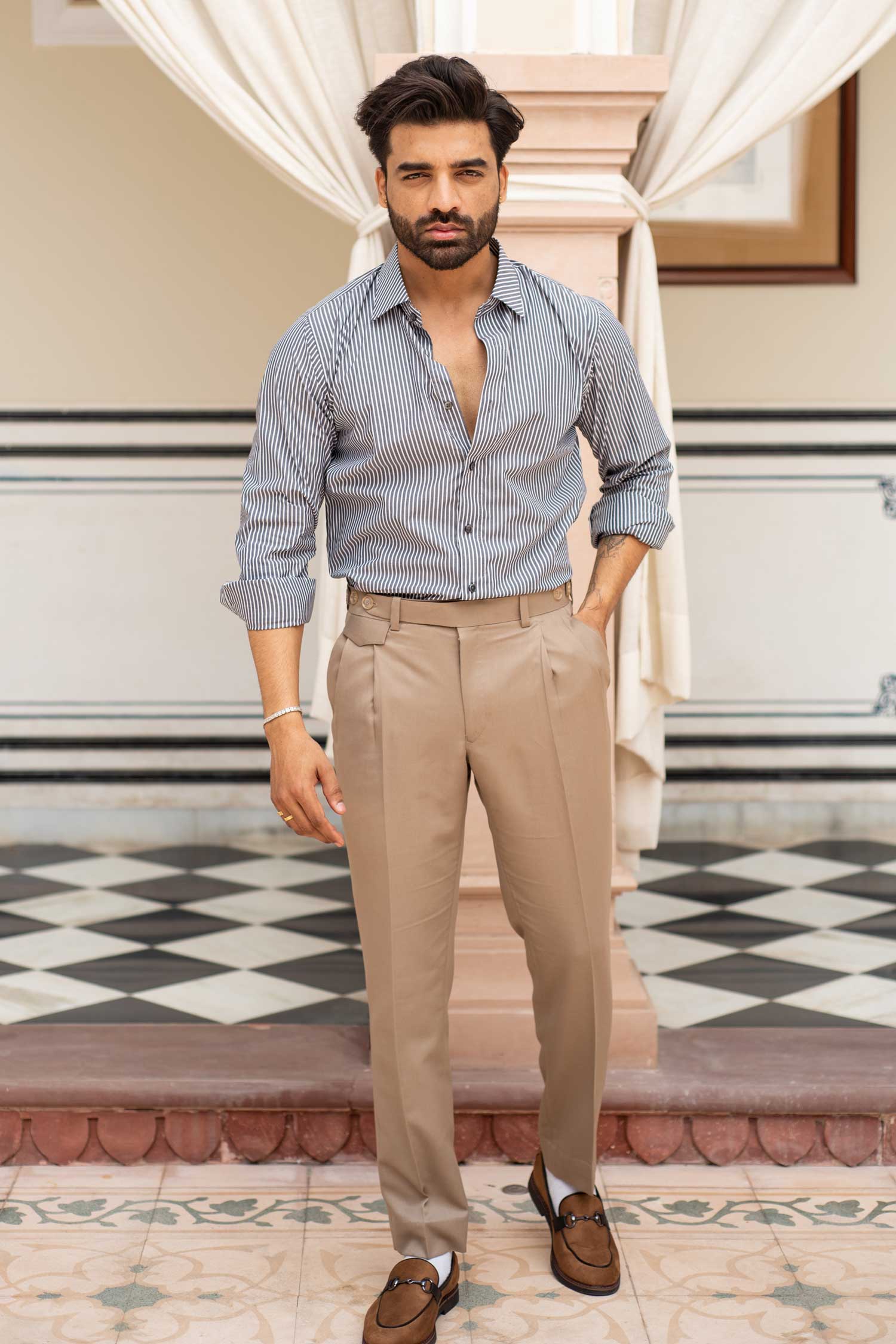 Barcove - White on Grey Striped Poplin Giza Cotton Shirt
