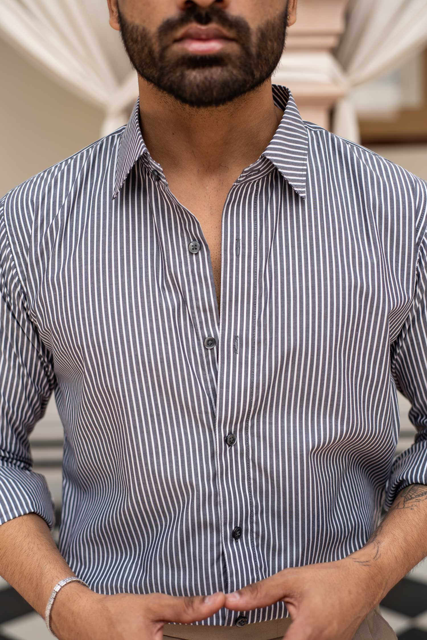 Barcove - White on Grey Striped Poplin Giza Cotton Shirt