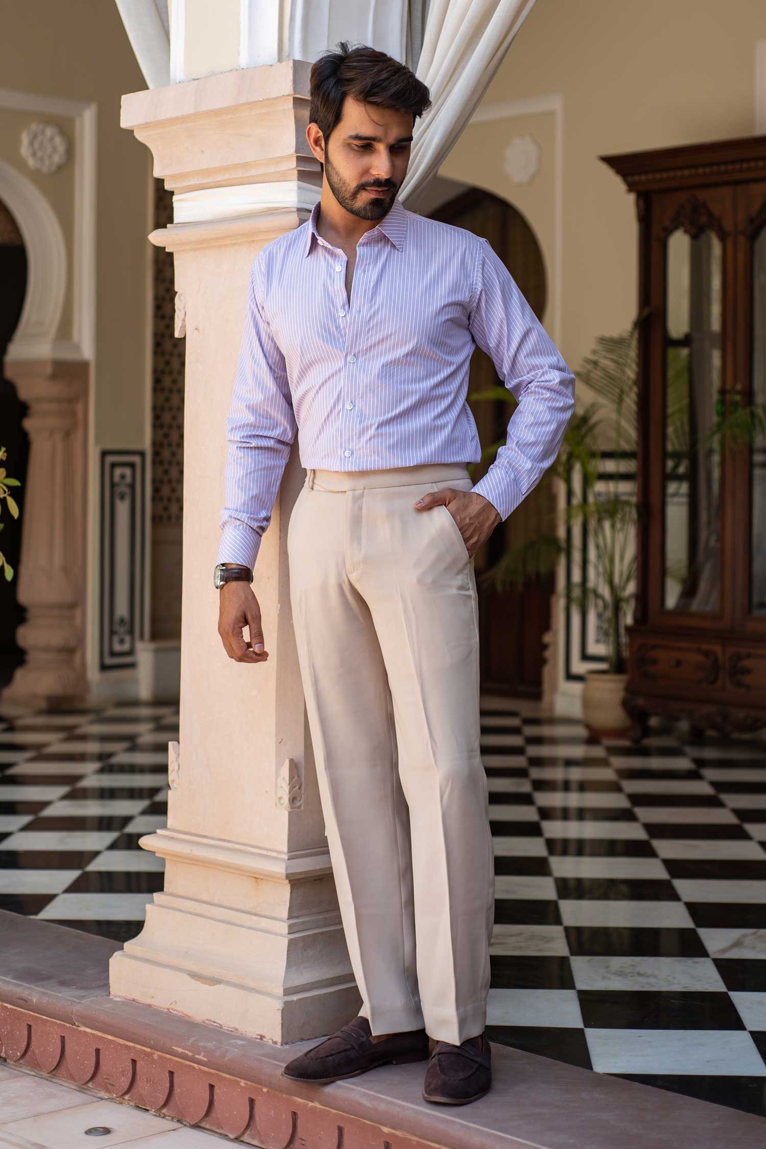 Valencia - White Tripe Lilac Striped Poplin Giza Cotton Shirt