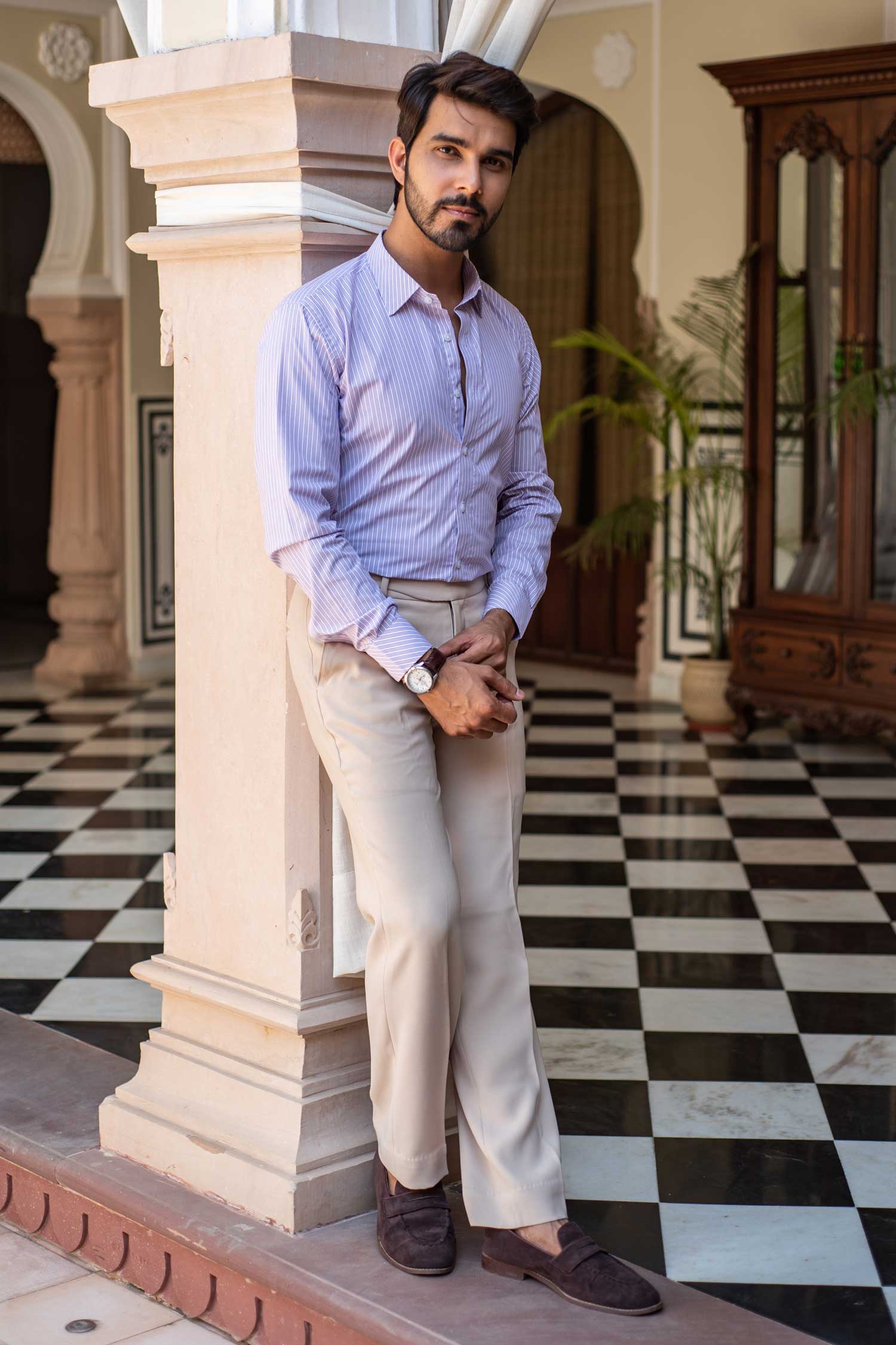 Valencia - White Tripe Lilac Striped Poplin Giza Cotton Shirt