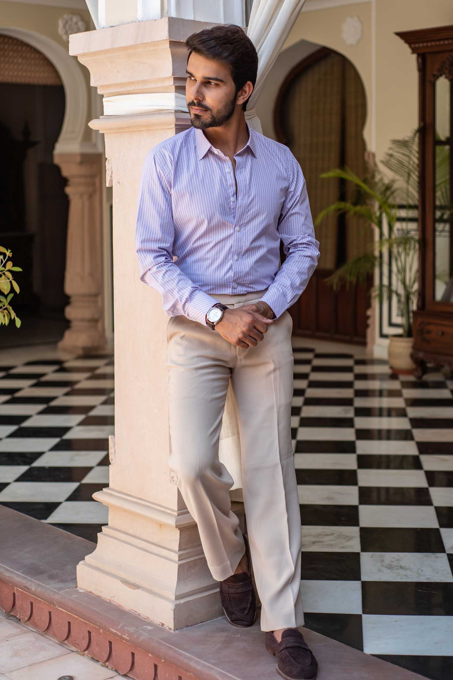 Valencia - White Tripe Lilac Striped Poplin Giza Cotton Shirt