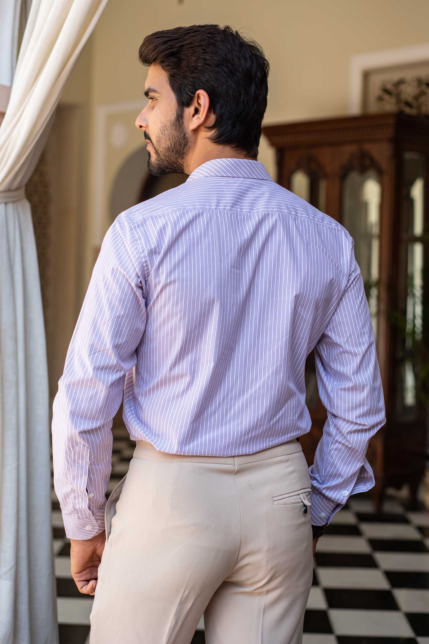 Valencia - White Tripe Lilac Striped Poplin Giza Cotton Shirt