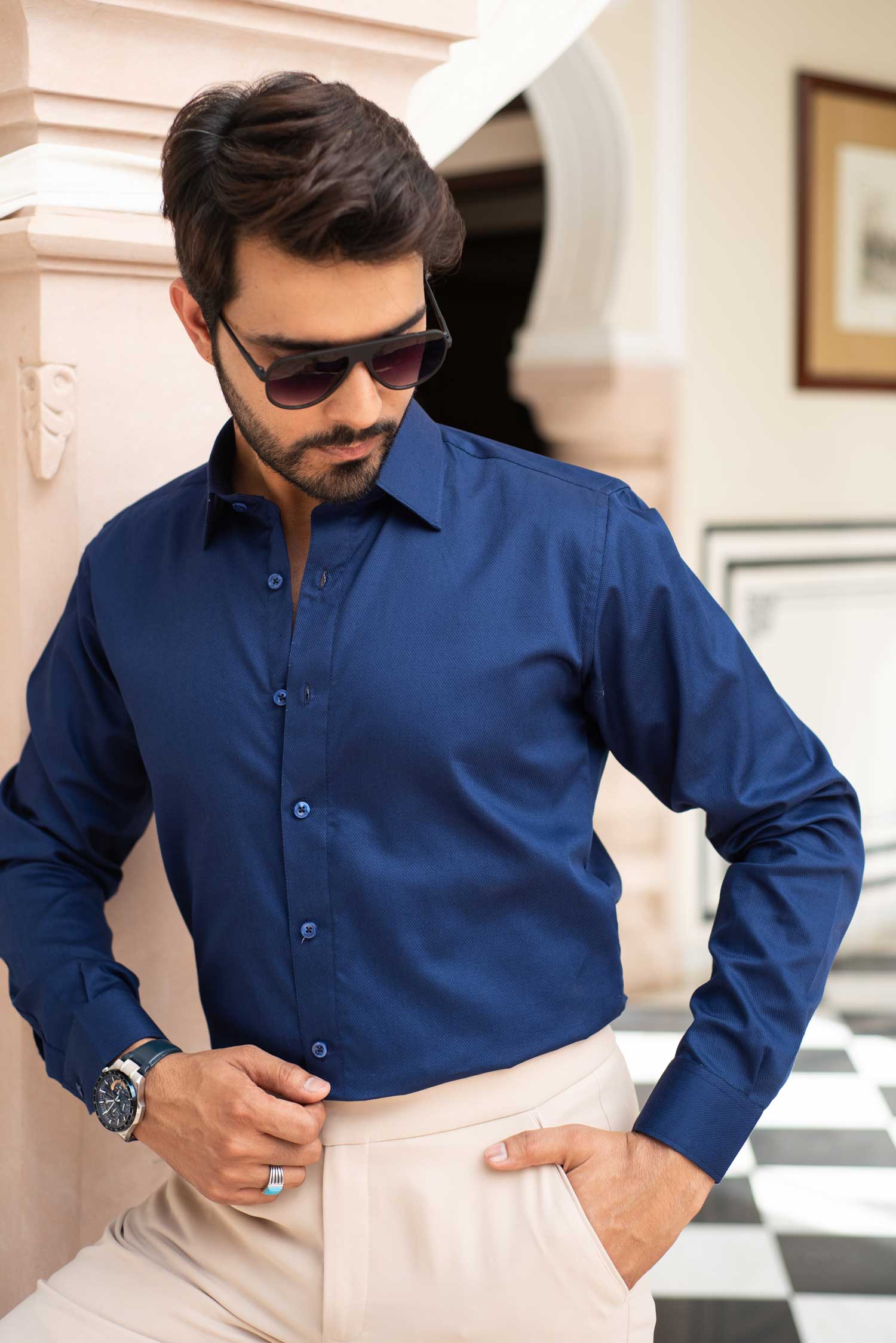 Royale - Royal Blue Dobby Knit Giza Cotton Shirt