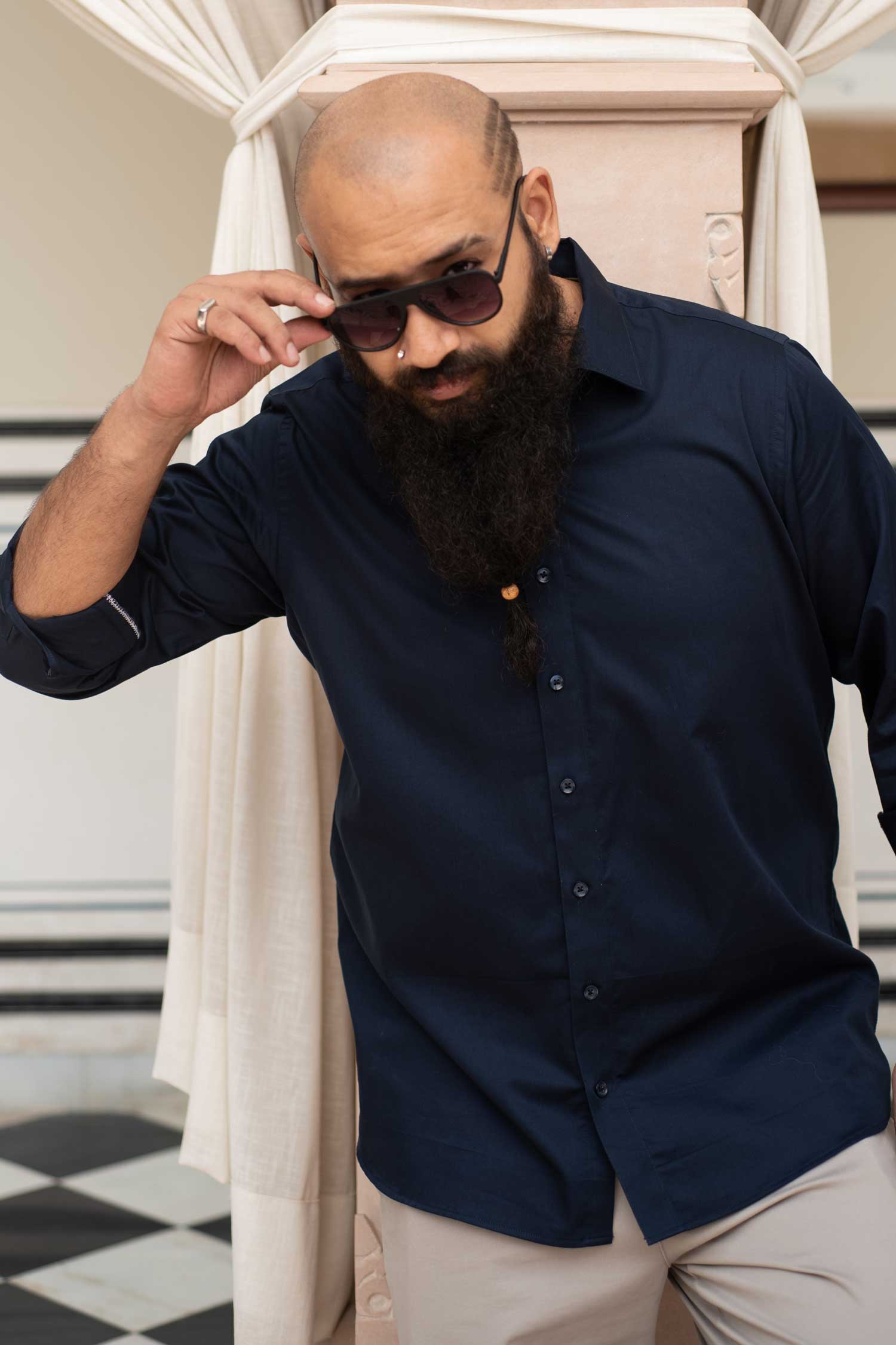 Dusk- Navy Blue Satin Giza Cotton Shirt