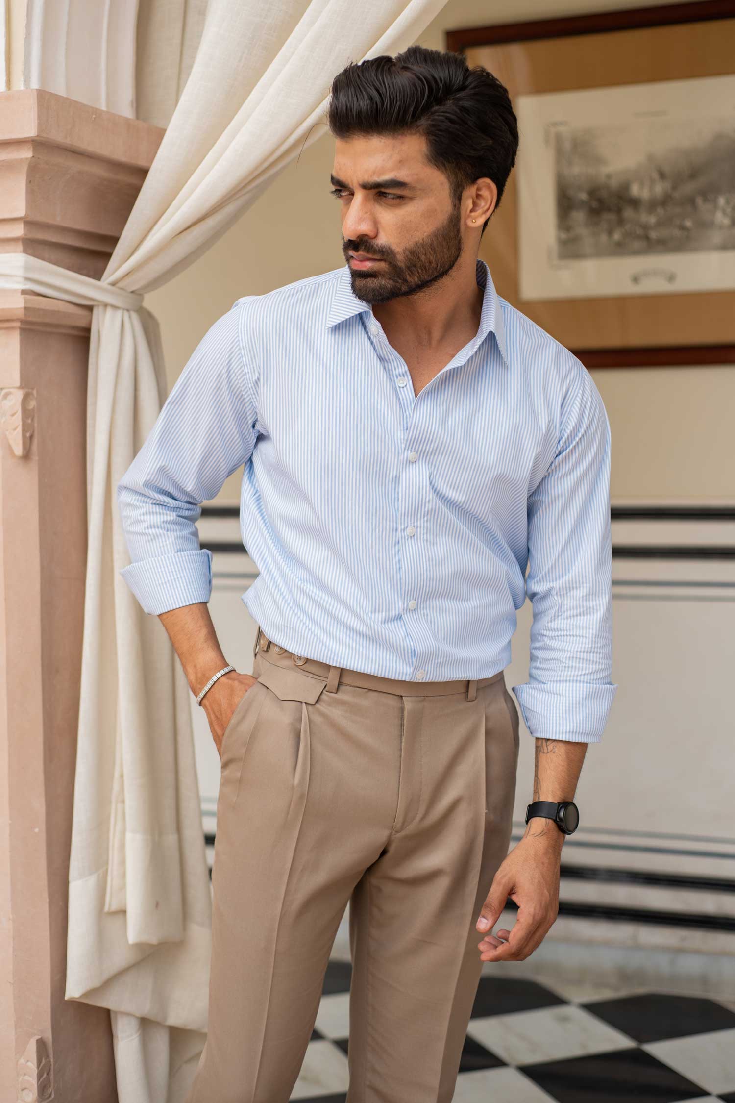 Santorini - Blue on White Striped Poplin Giza Cotton Shirt