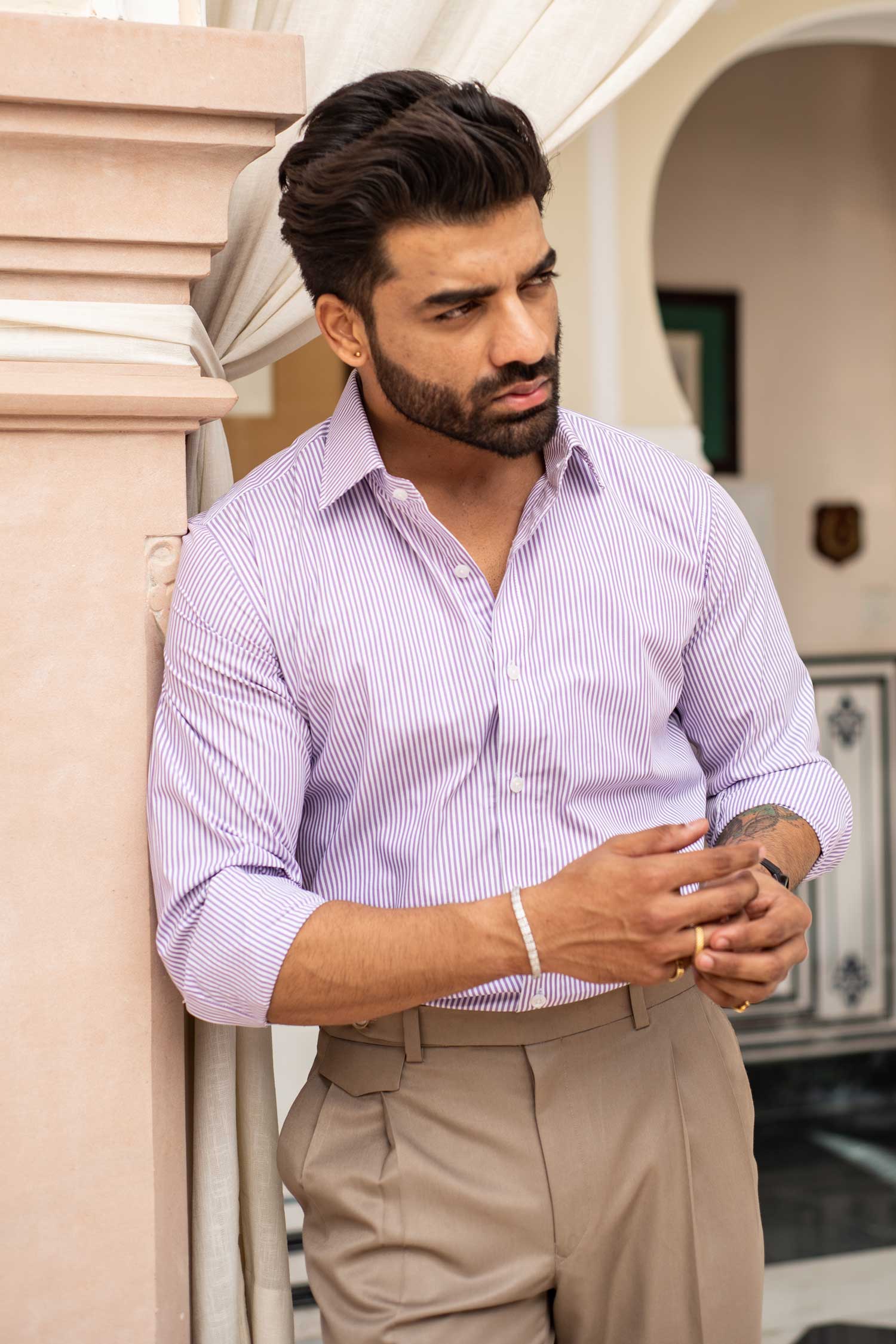 Palermo - Lilac on White Striped Poplin Giza Cotton Shirt