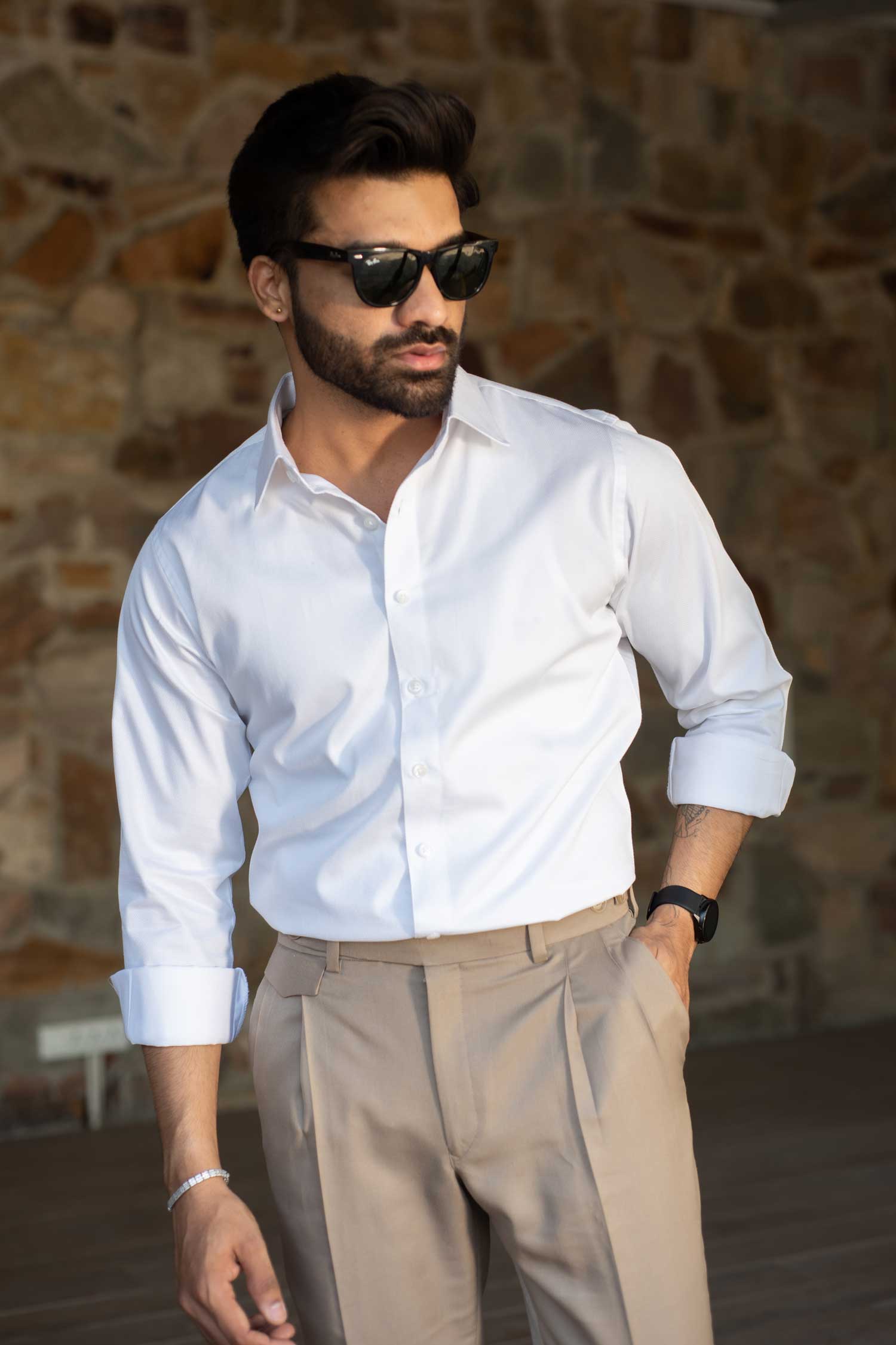 Alabaster- White Dobby Knit Giza Cotton Shirt