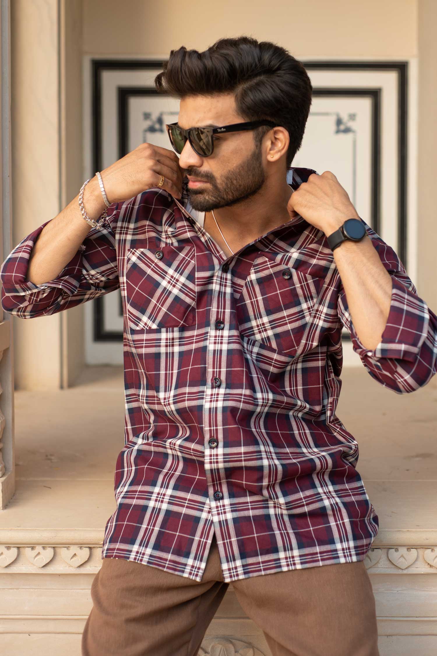Bordeaux Checkmate- Maroon and Navy Checkered Oversized Overshirt