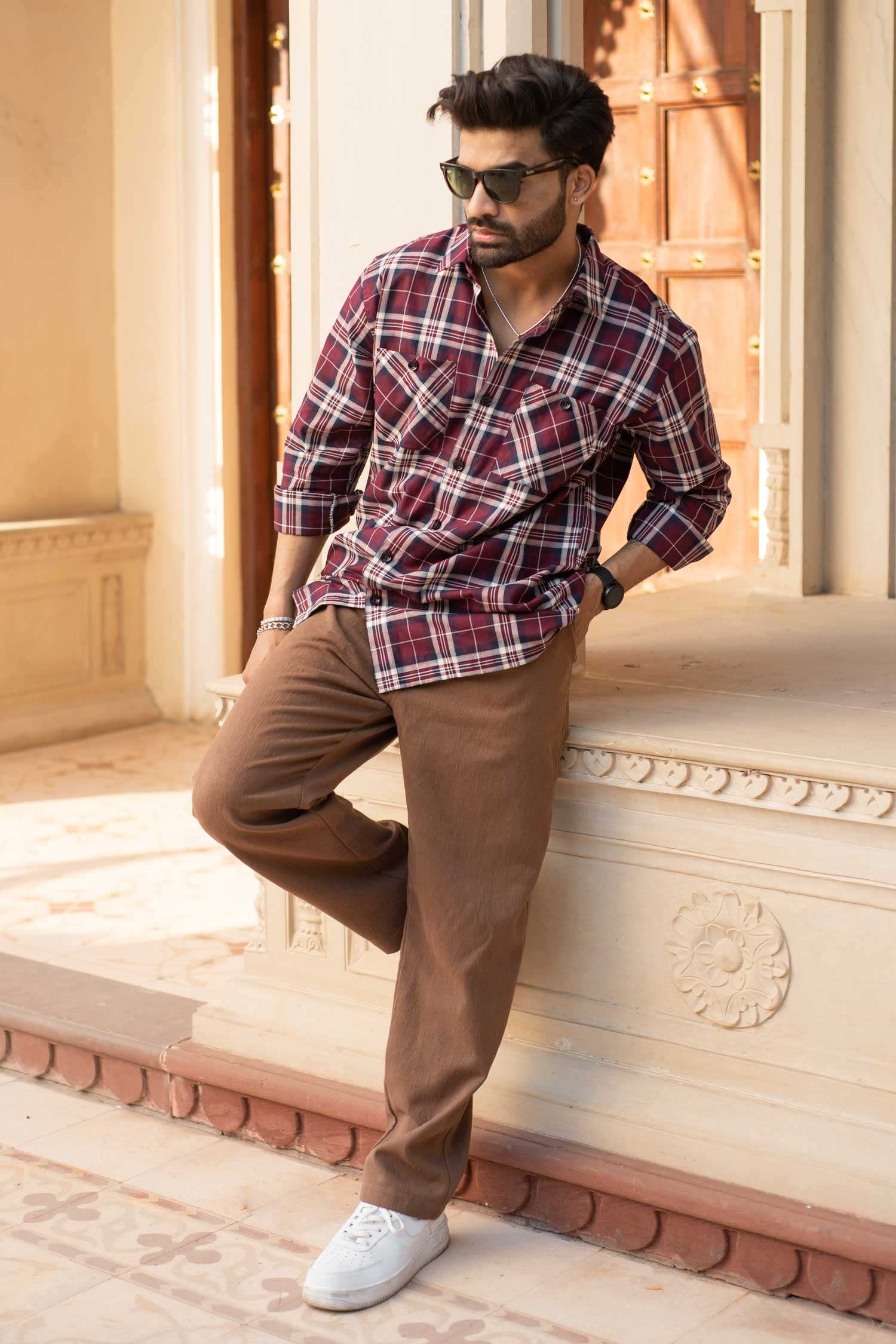 Bordeaux Checkmate- Maroon and Navy Checkered Oversized Overshirt