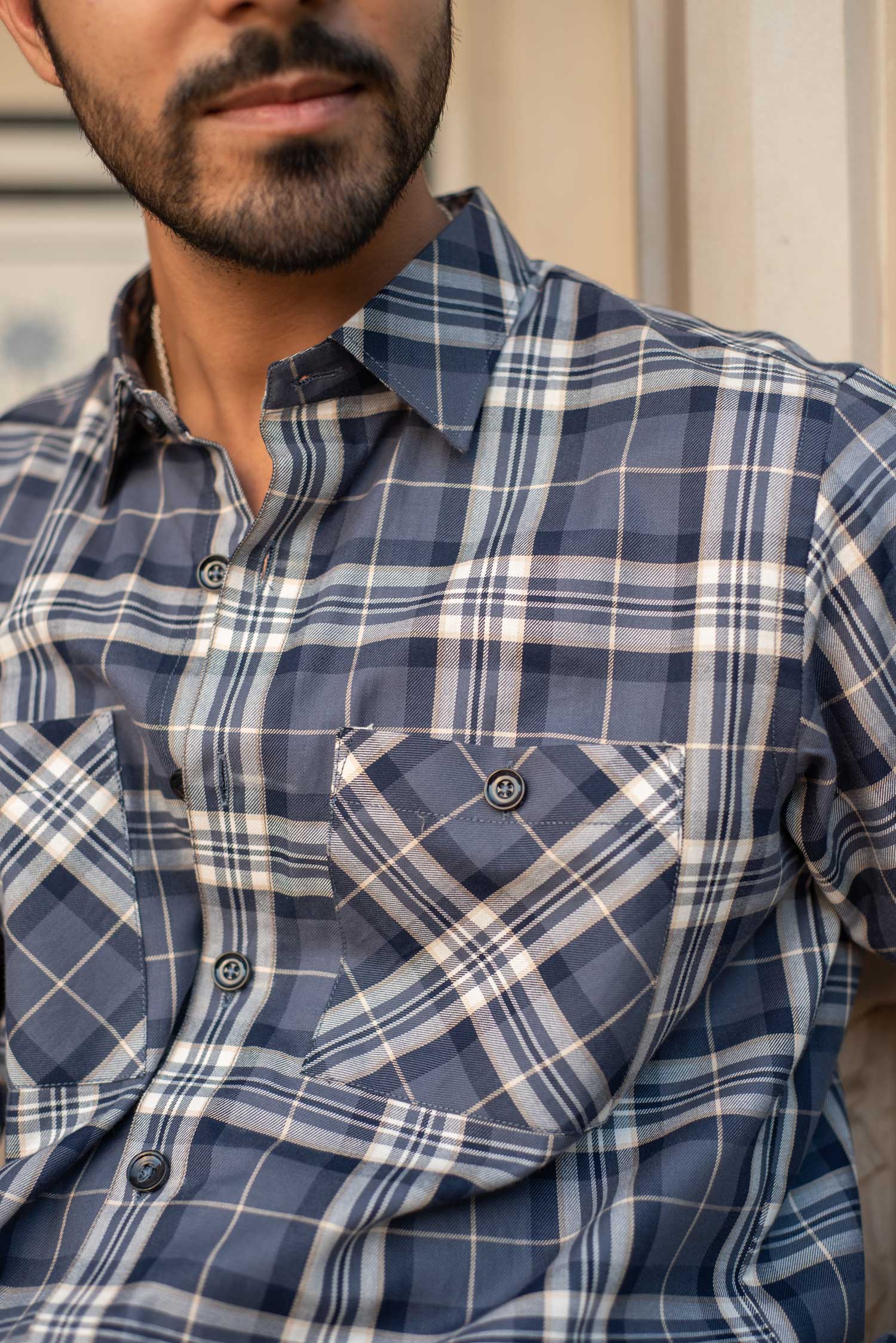 Slategrey Checkmate-Grey and Blue Checkered Oversized Overshirt