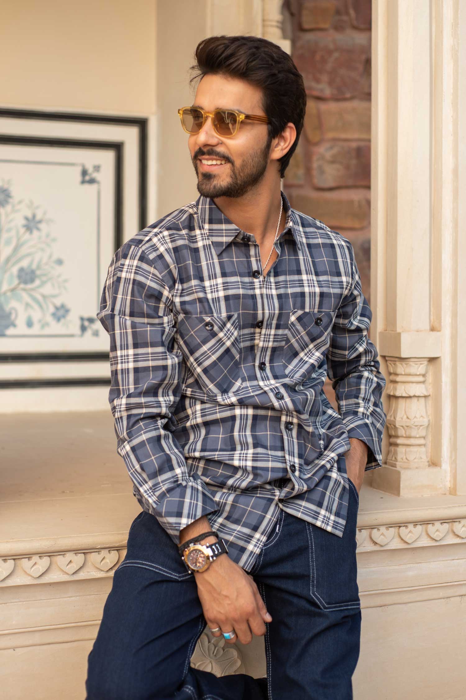 Slategrey Checkmate-Grey and Blue Checkered Oversized Overshirt