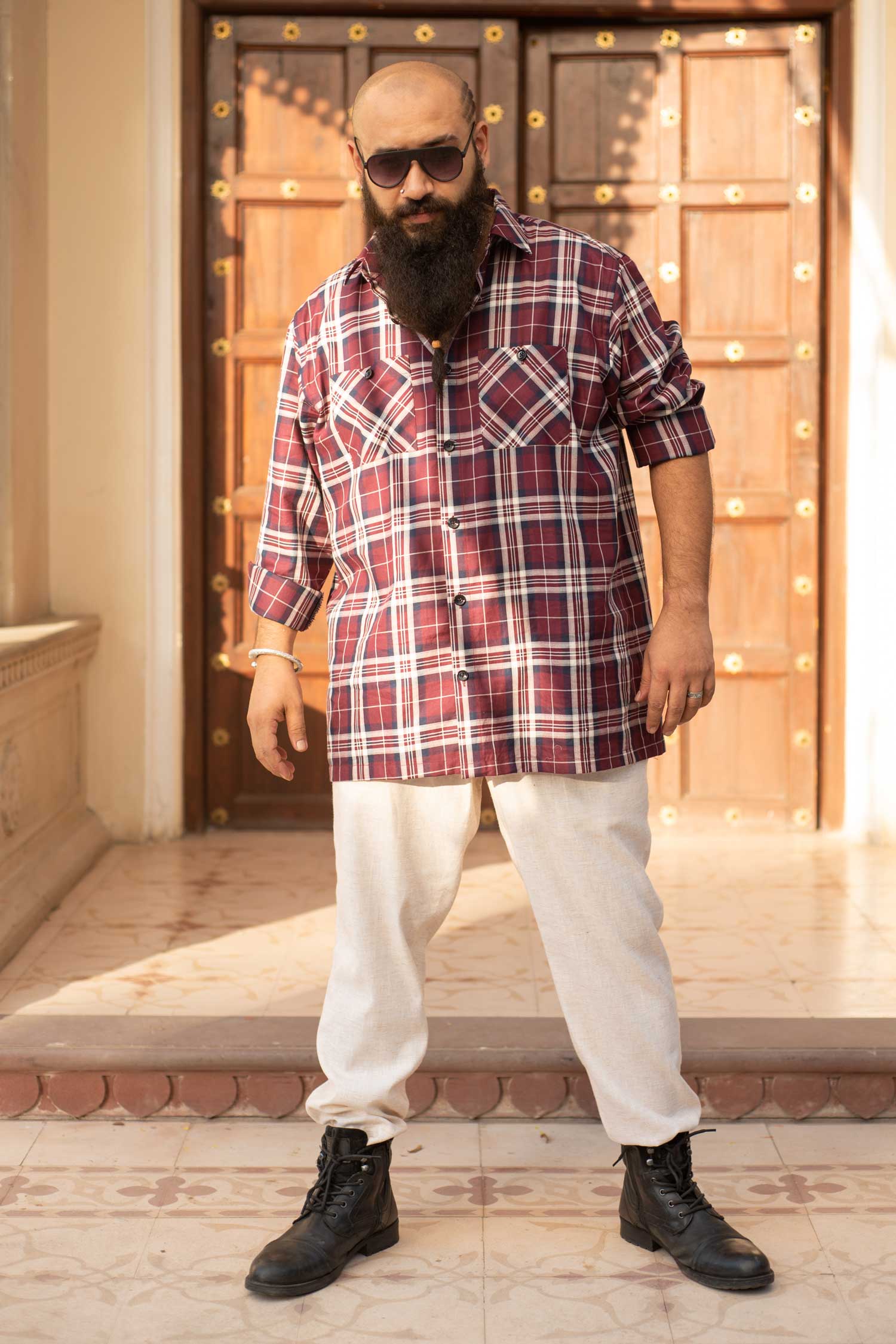Bordeaux Checkmate- Maroon and Navy Checkered Oversized Overshirt