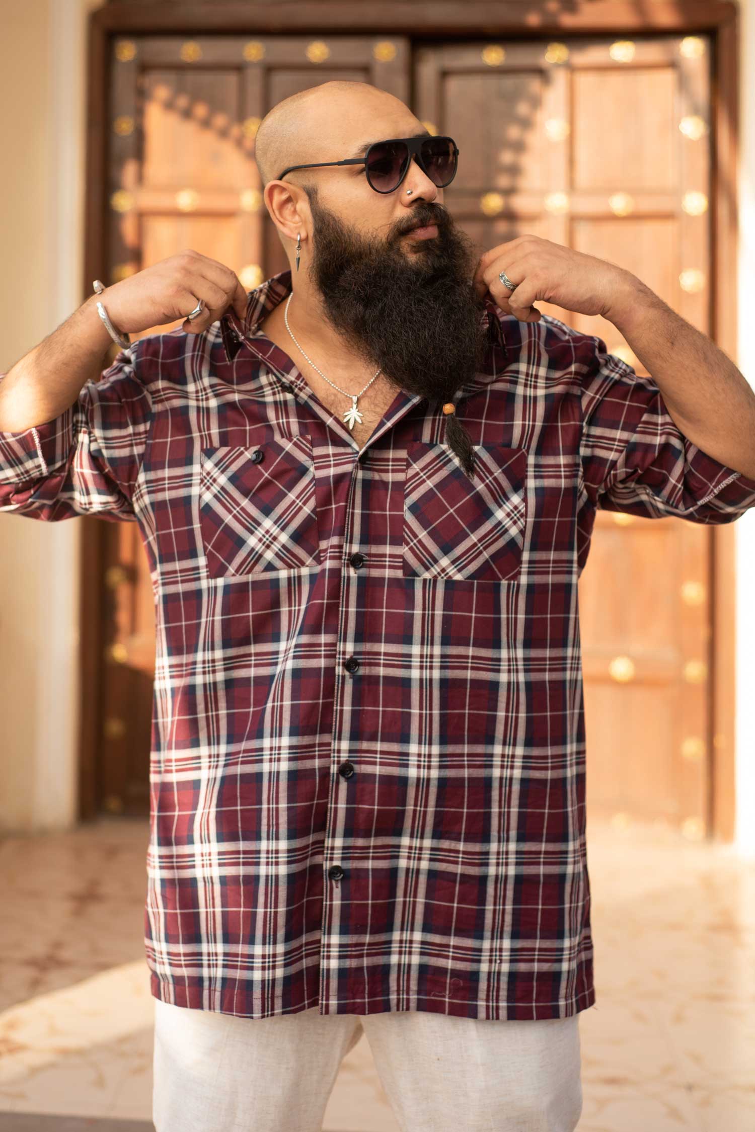 Bordeaux Checkmate- Maroon and Navy Checkered Oversized Overshirt
