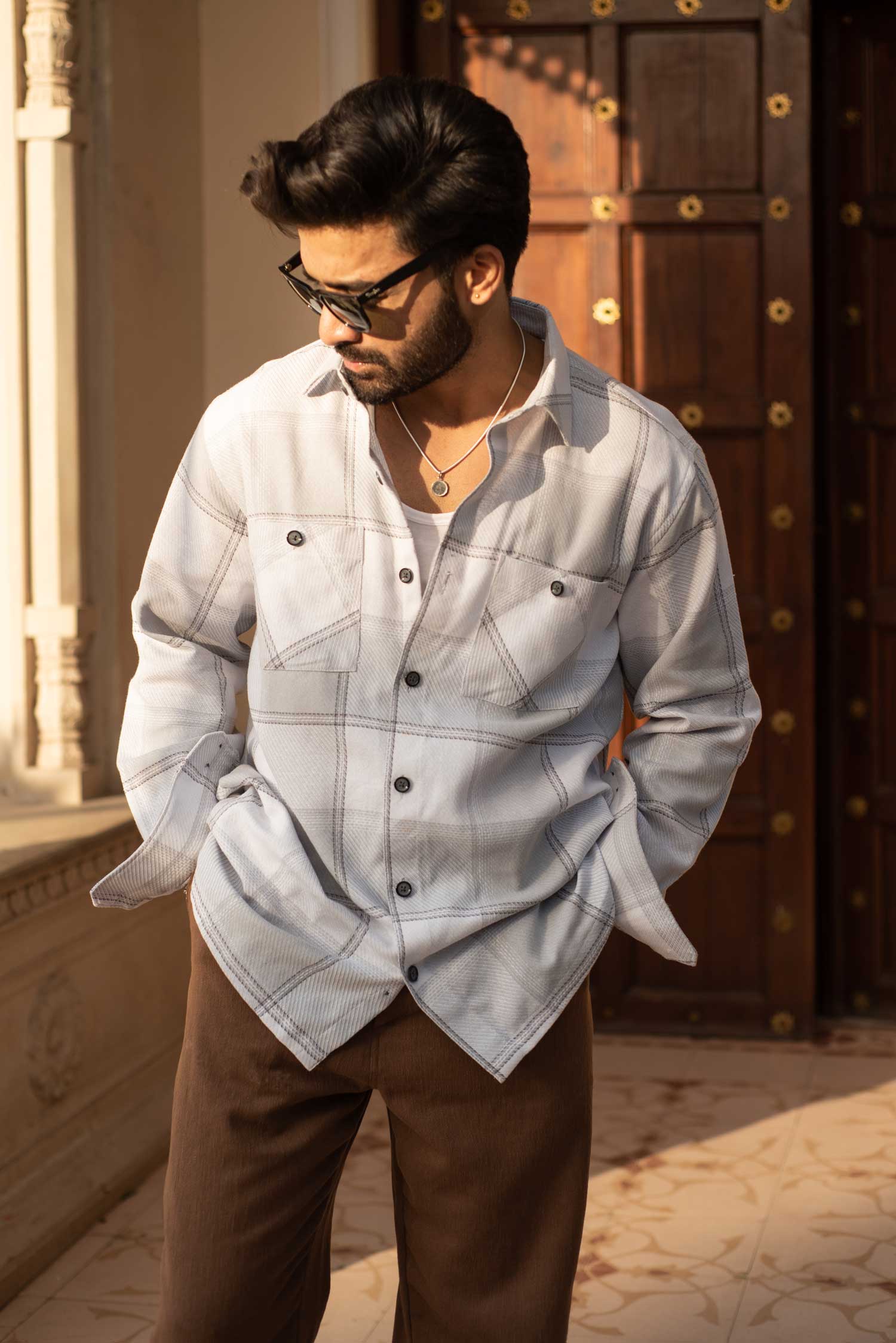 Frosttartan Checkmate- White and Grey Checkered Oversized Overshirt (Plus Size)