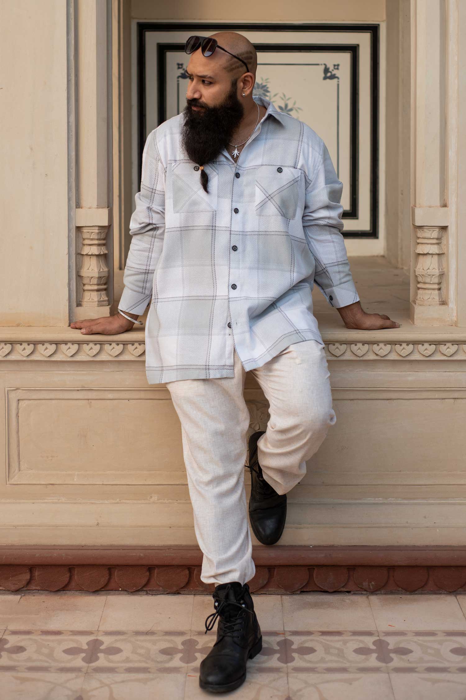 Frosttartan Checkmate- White and Grey Checkered Oversized Overshirt (Plus Size)