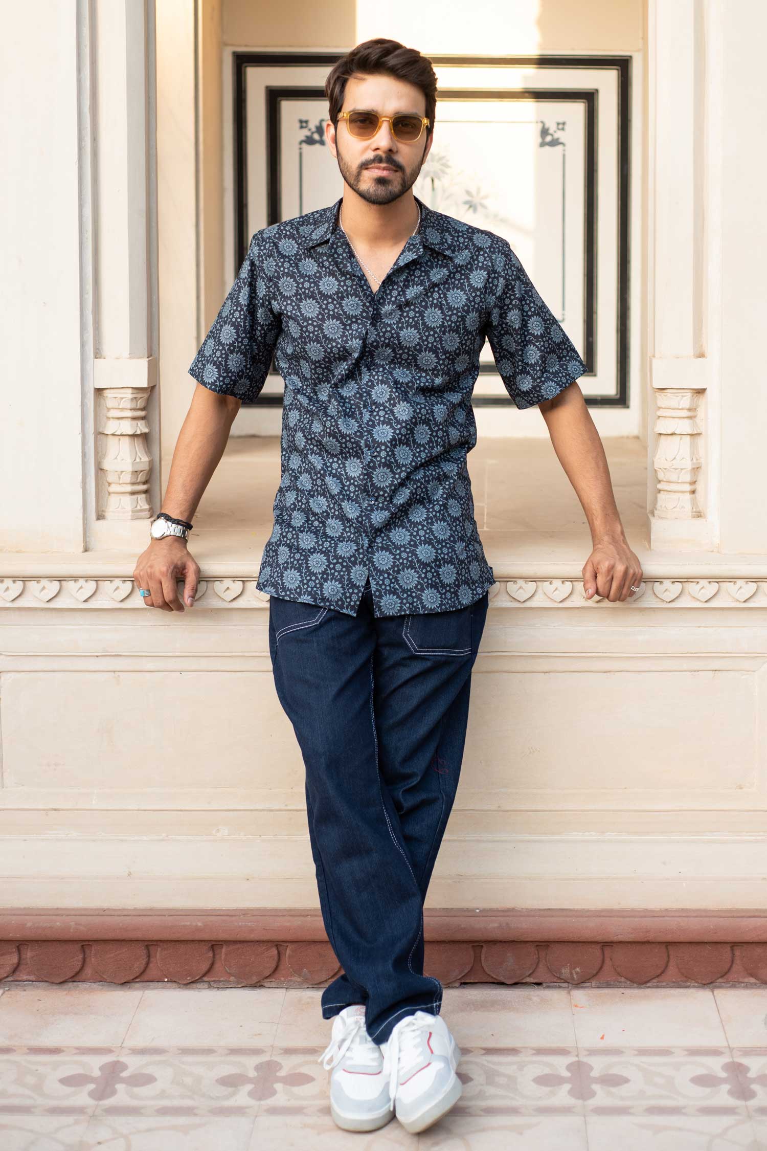 Blue Gardenia - Blue Floral Cuban Collar Shirt
