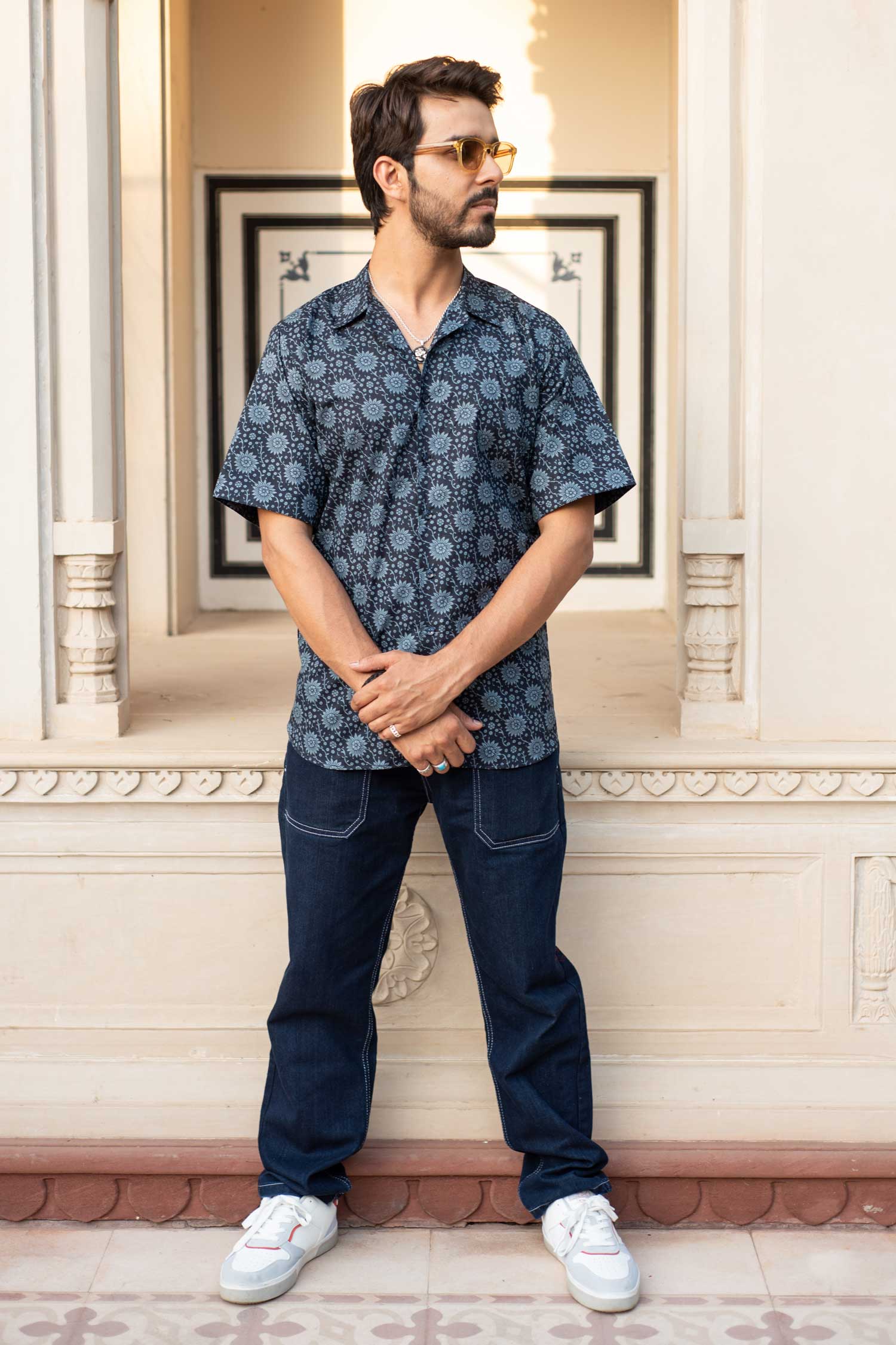 Blue Gardenia - Blue Floral Cuban Collar Shirt