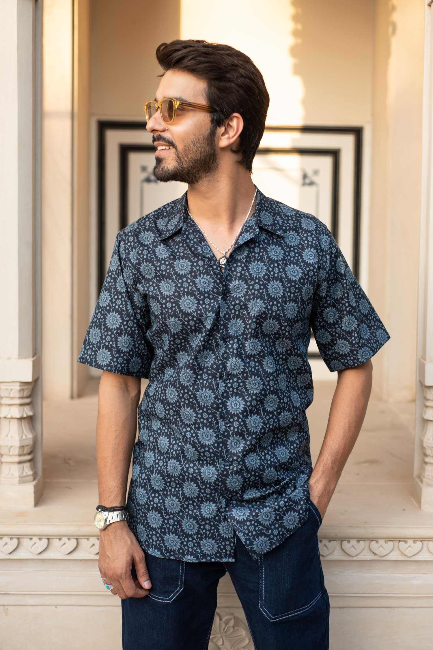 Blue Gardenia - Blue Floral Cuban Collar Shirt