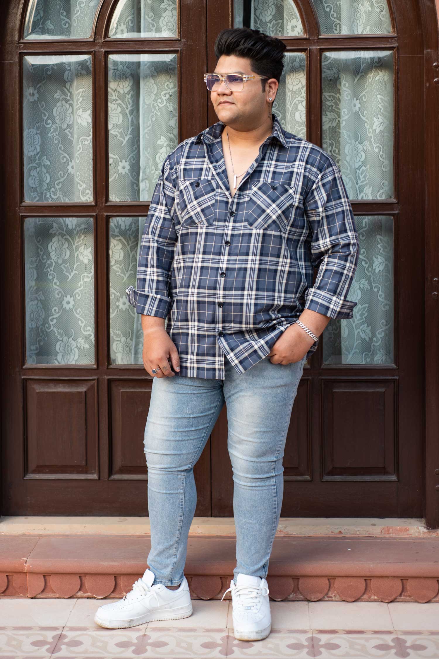 Slategrey Checkmate-Grey and Blue Checkered Oversized Overshirt