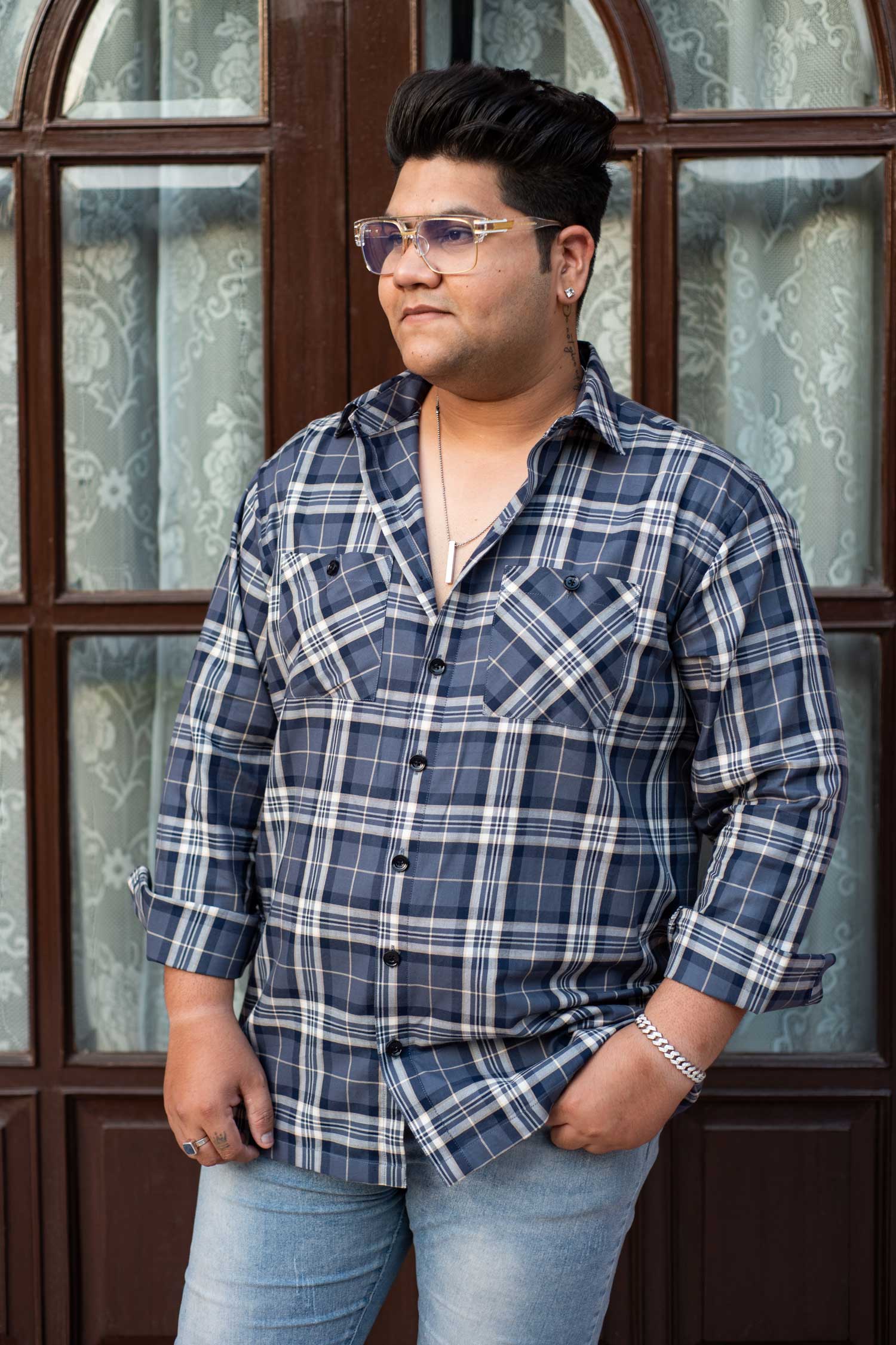Slategrey Checkmate-Grey and Blue Checkered Oversized Overshirt