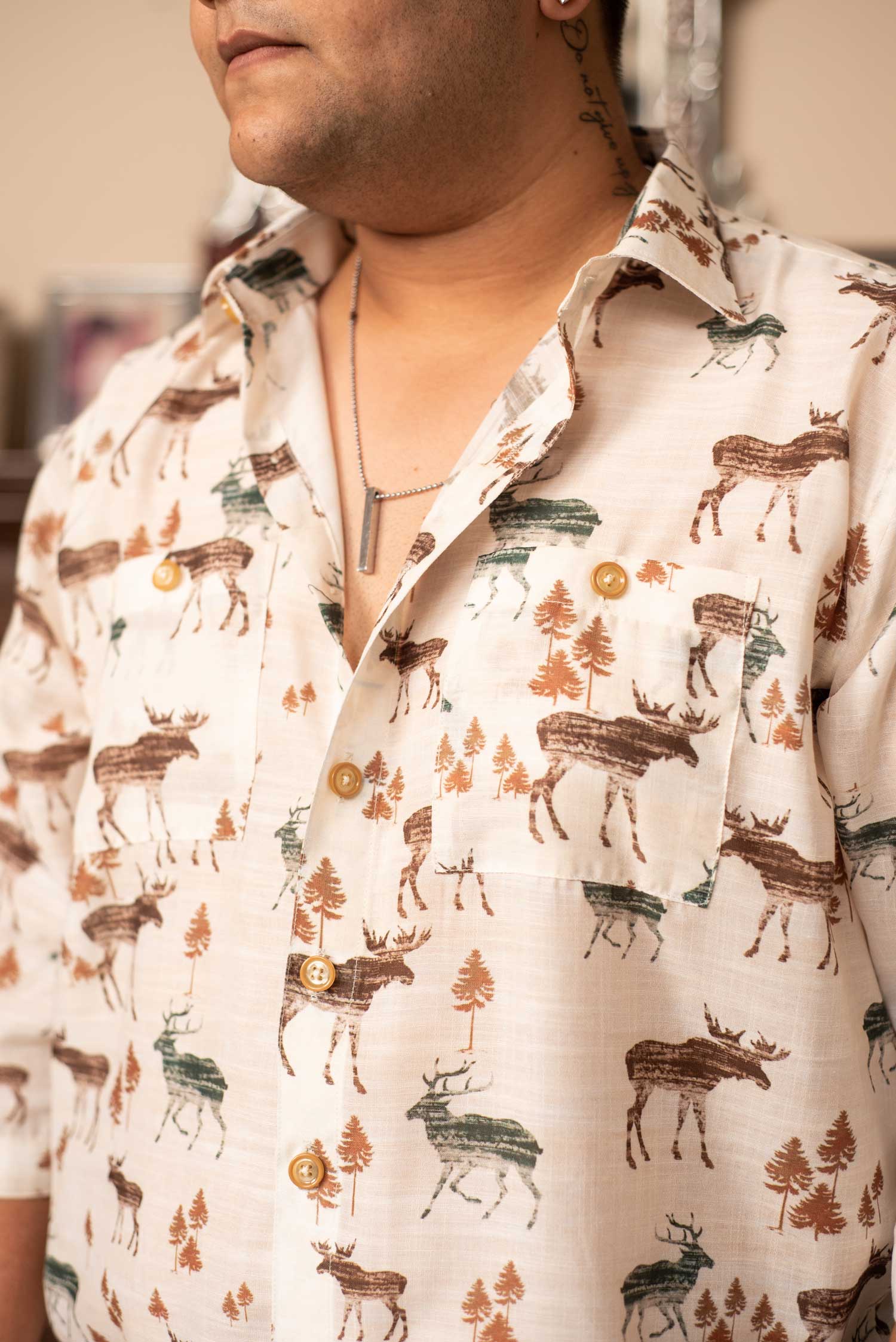 Fawnblend - White Printed Oversized Linen Blend Shirt