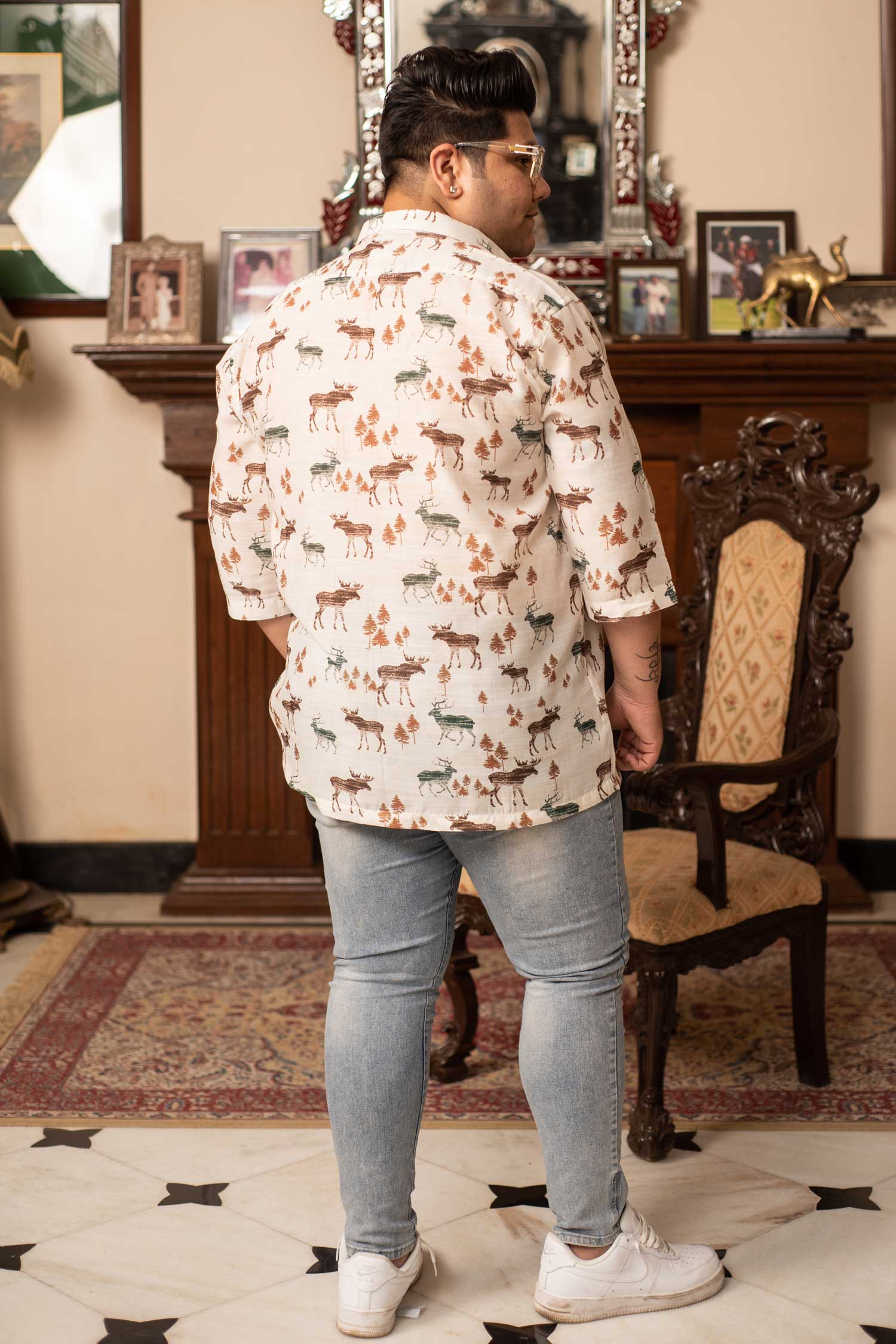 Fawnblend - White Printed Oversized Linen Blend Shirt