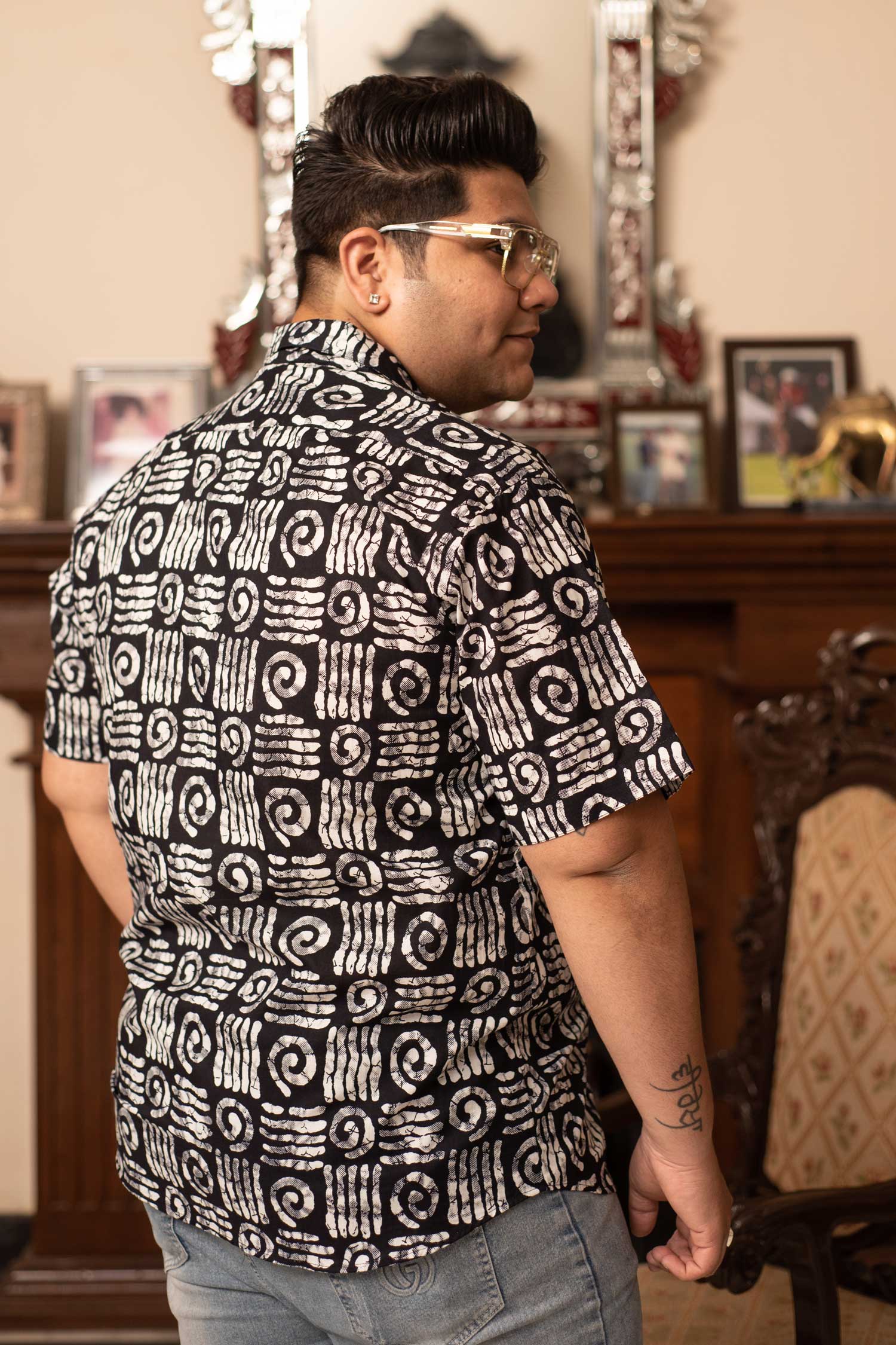 Funky Fizz - Black and White printed Cuban Collar Shirt