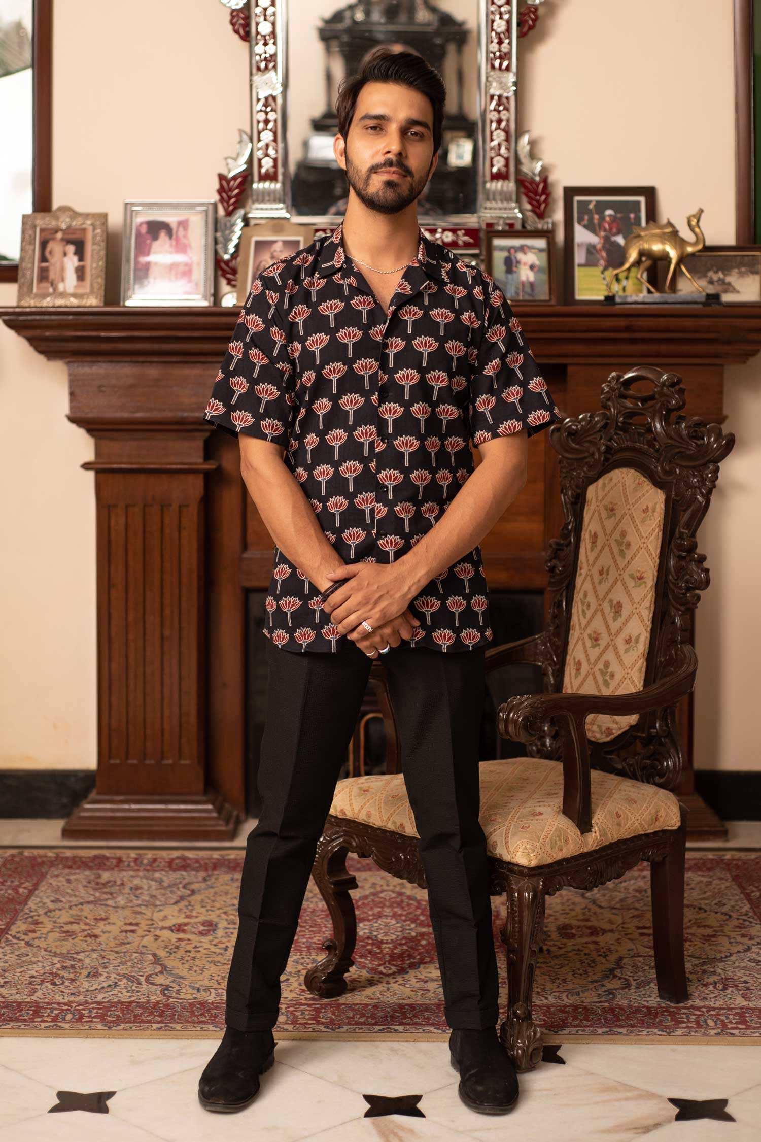 Black Lotus - Black Maroon Floral Handblock Cuban Collar Shirt