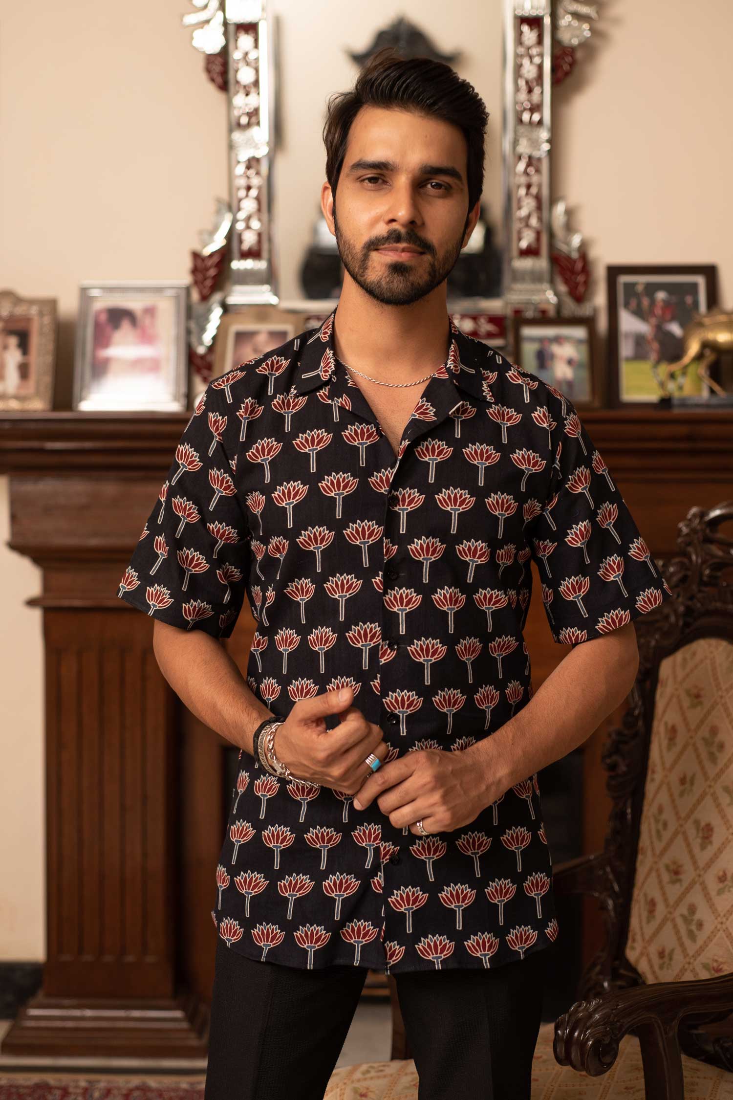 Black Lotus - Black Maroon Floral Handblock Cuban Collar Shirt