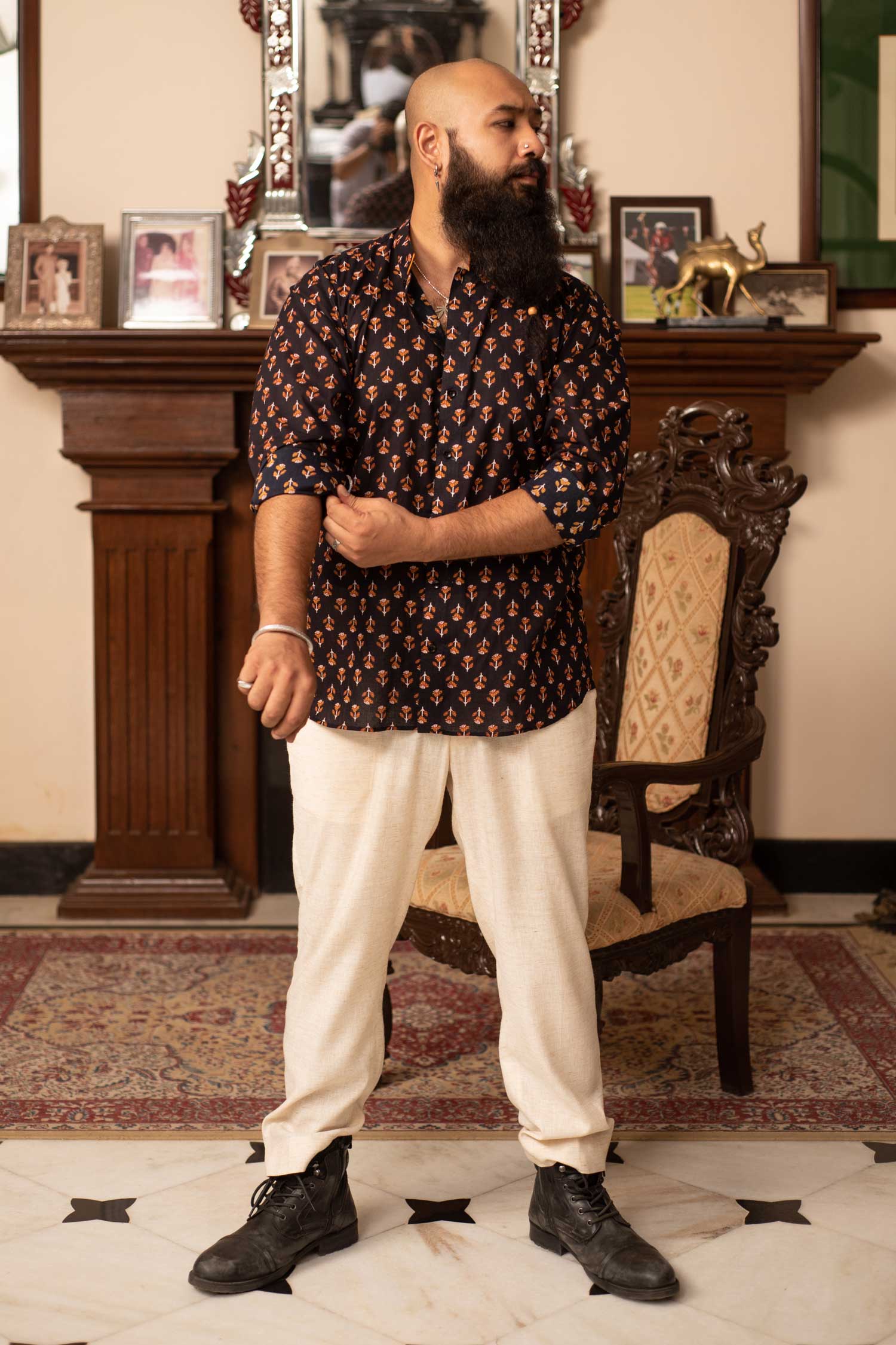 Blooming Mustard - Black and White Notched Mandarin Collar Shirt