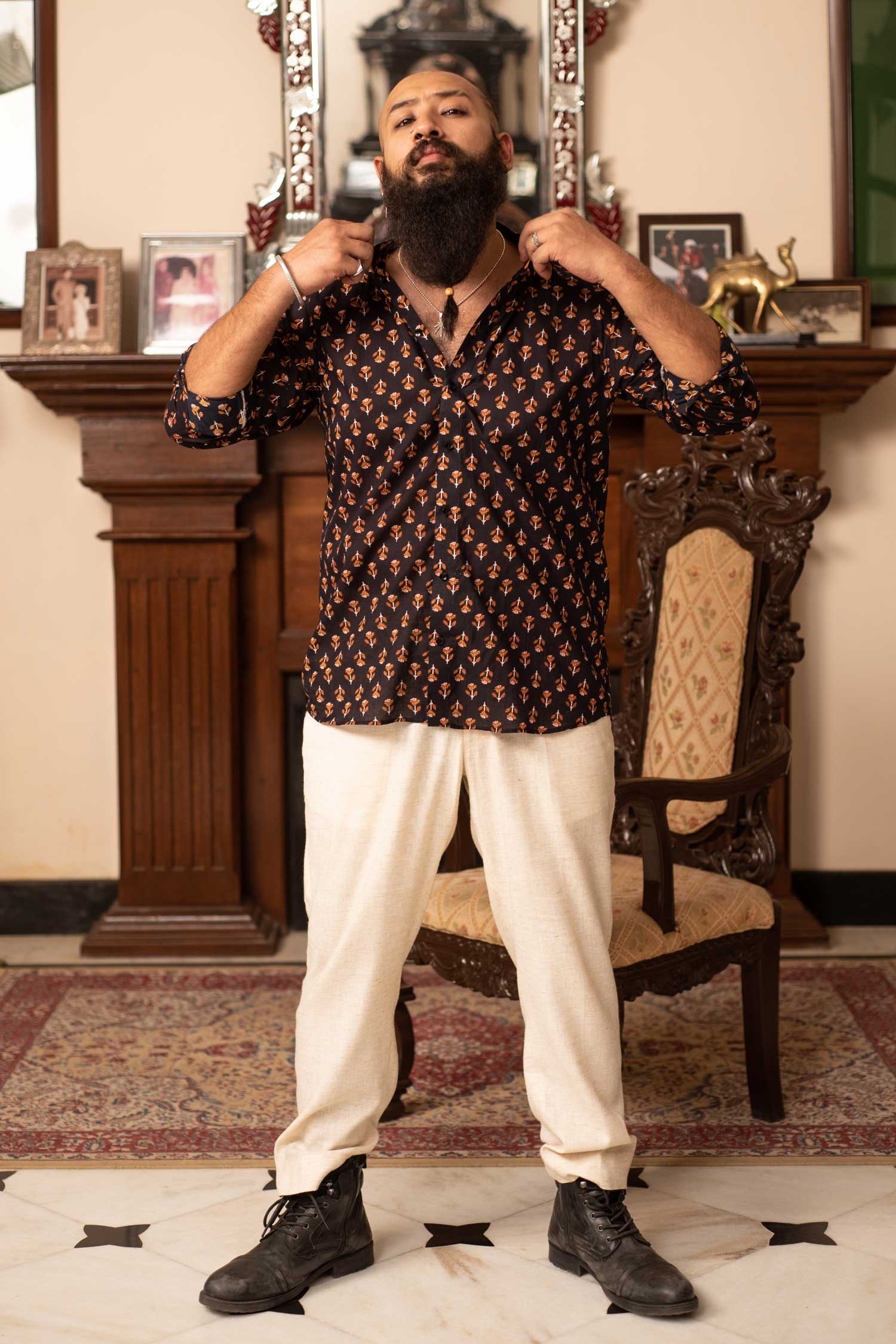 Blooming Mustard - Black and White Notched Mandarin Collar Shirt