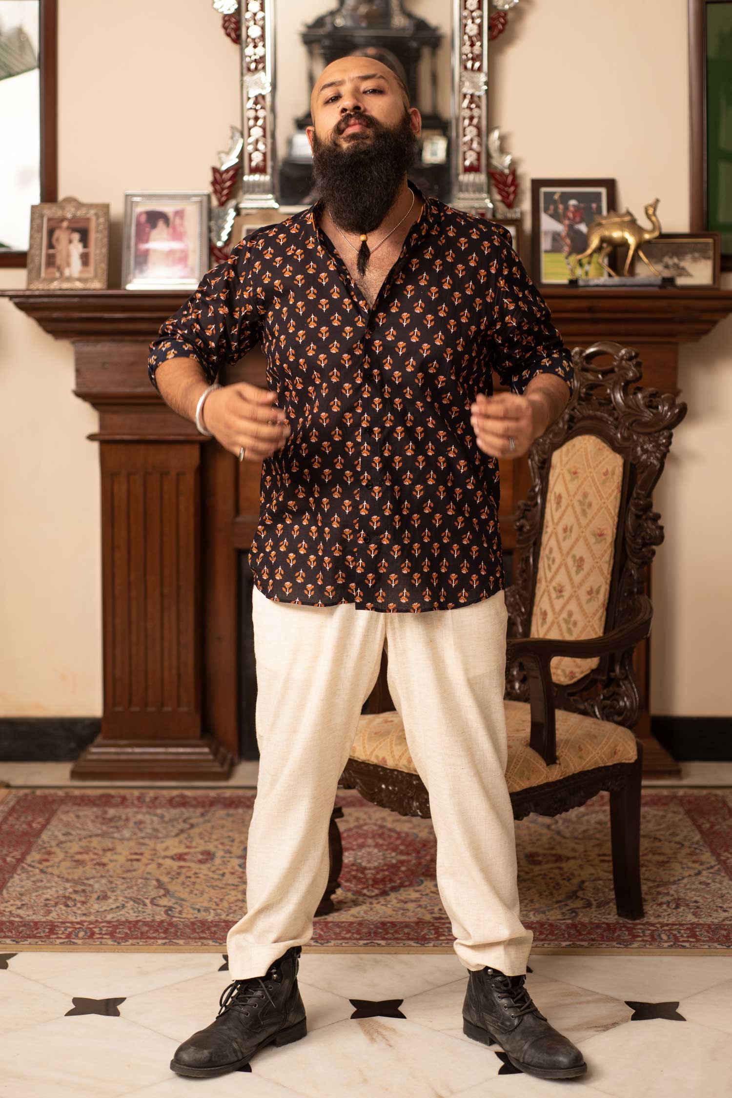 Blooming Mustard - Black and White Notched Mandarin Collar Shirt