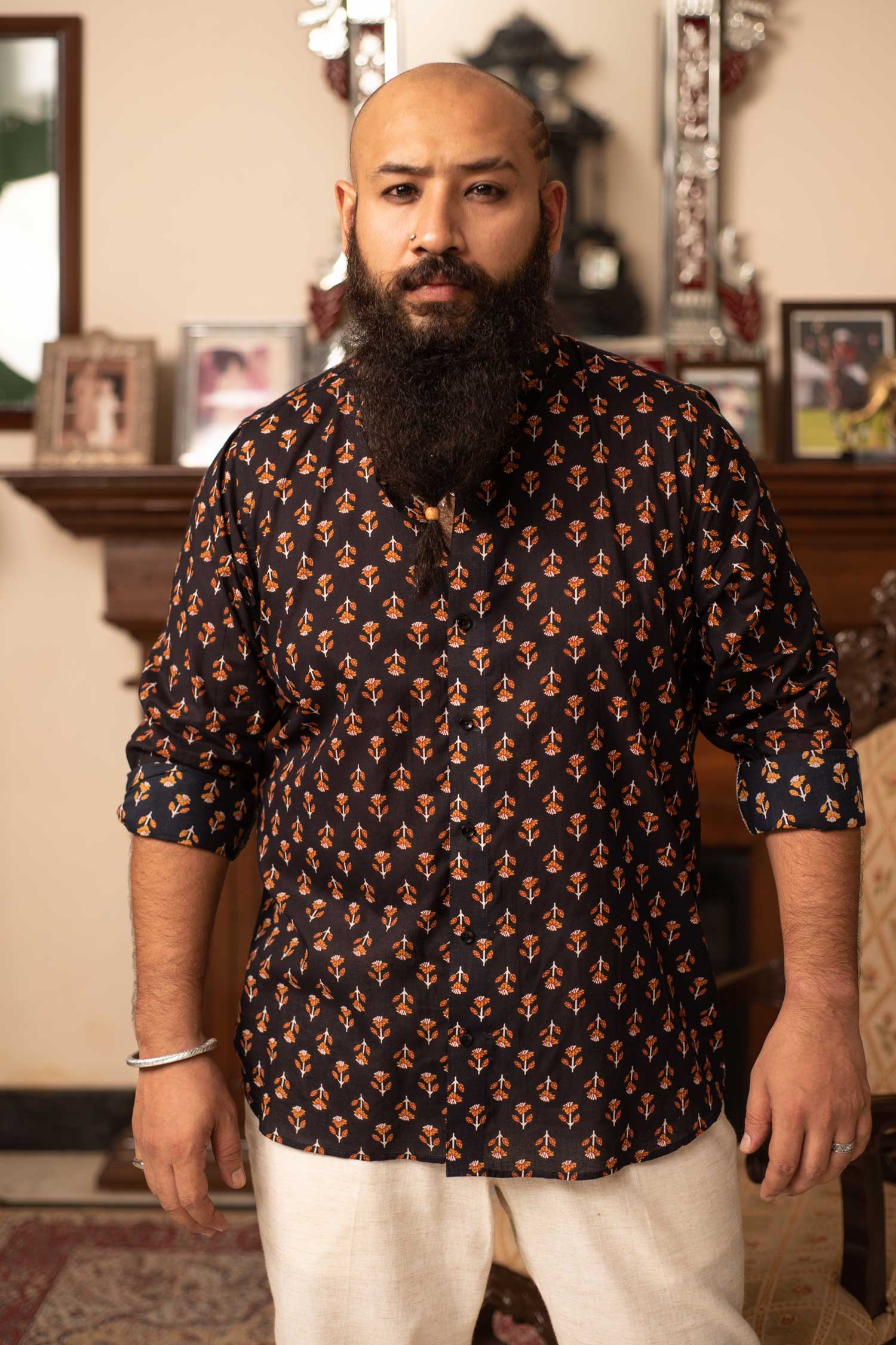 Blooming Mustard - Black and White Notched Mandarin Collar Shirt