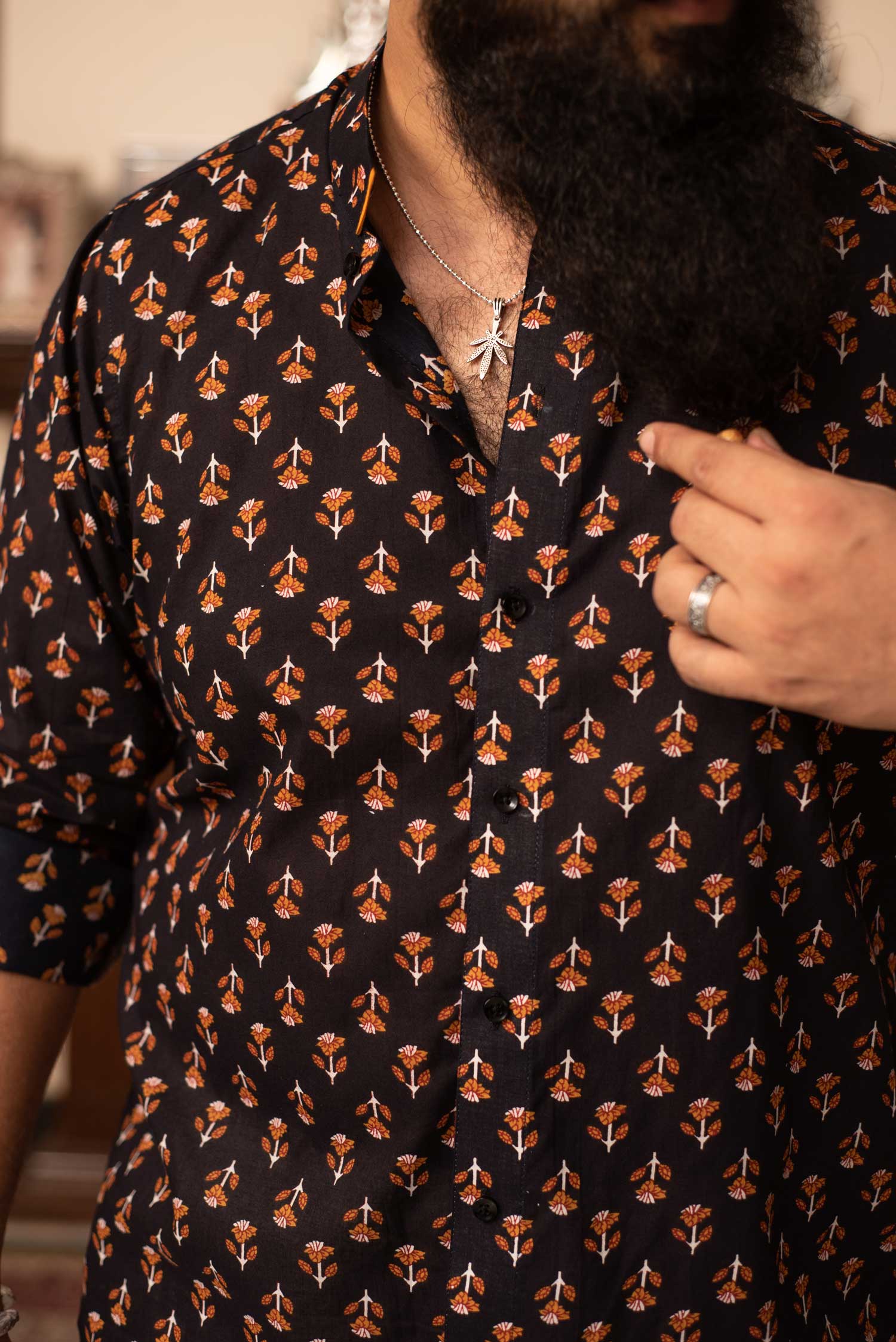 Blooming Mustard - Black and White Notched Mandarin Collar Shirt