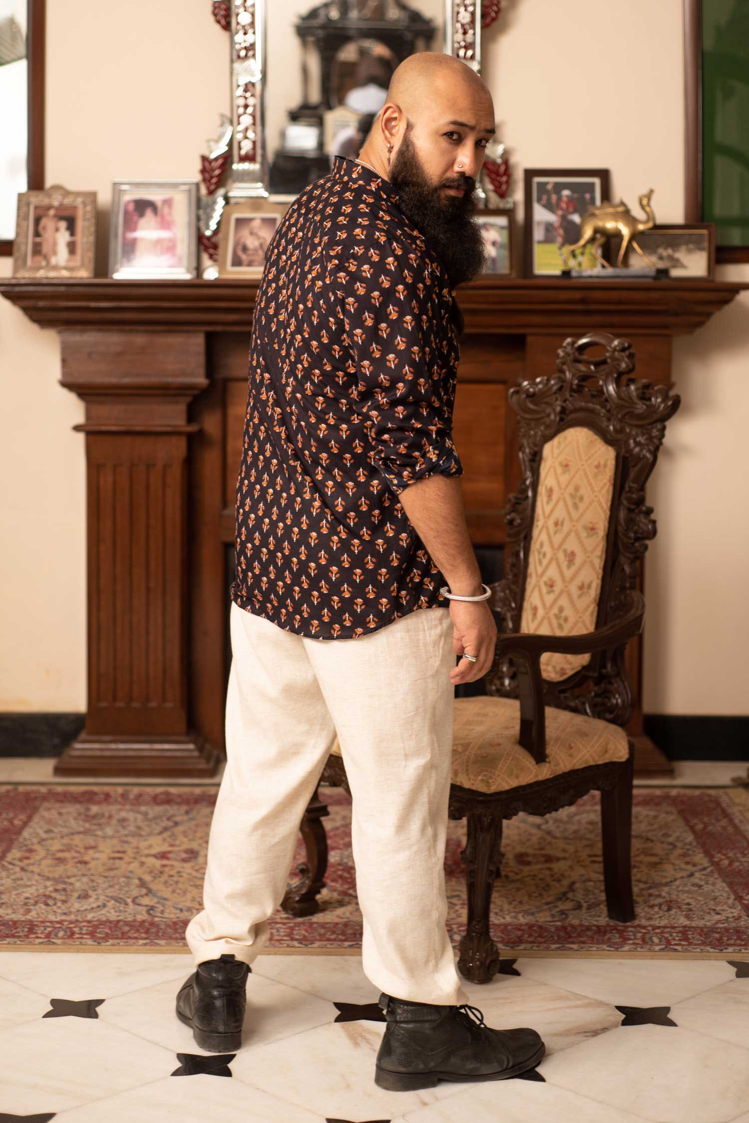 Blooming Mustard - Black and White Notched Mandarin Collar Shirt