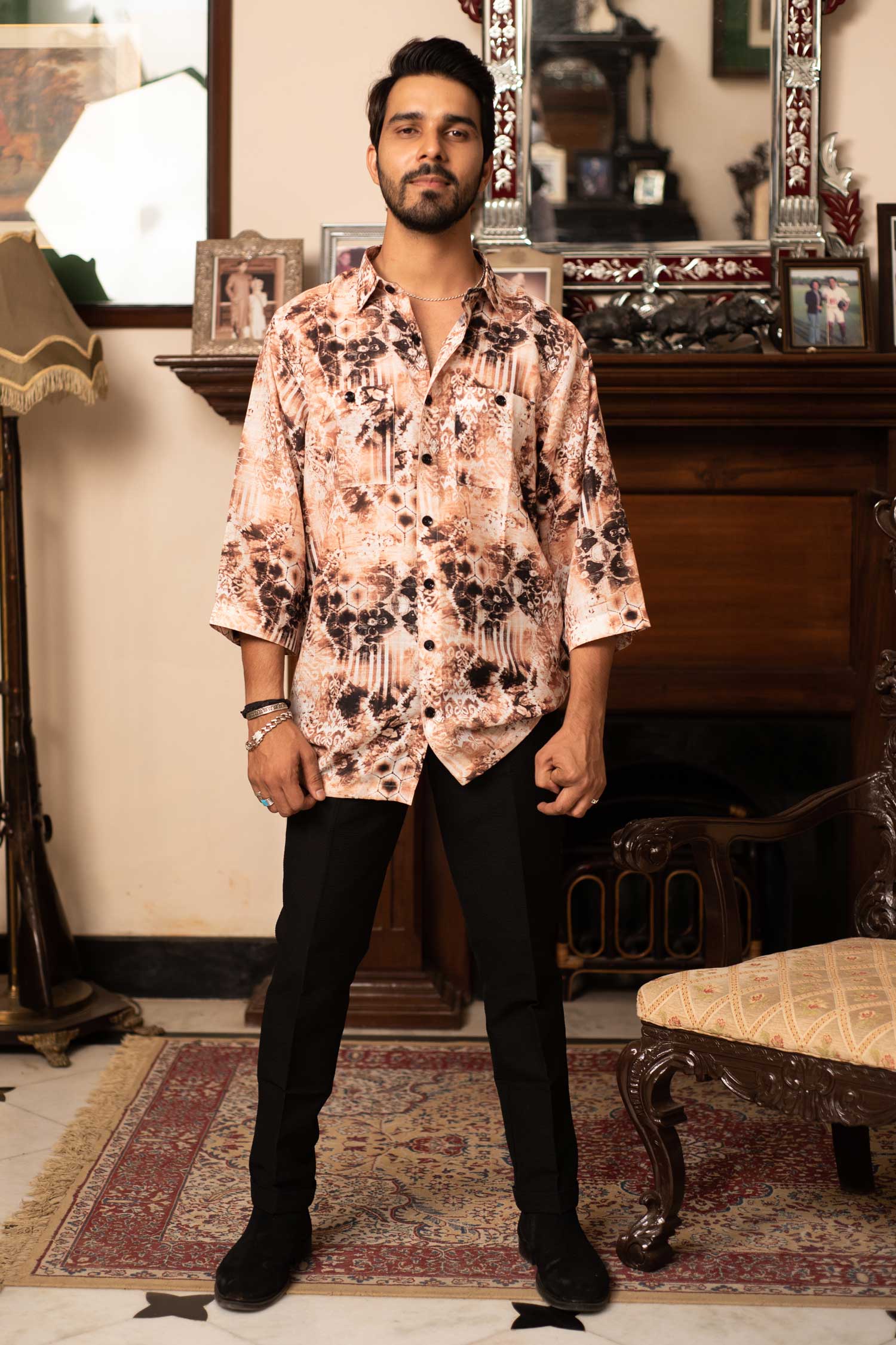 Browntech - Printed Oversized Linen Blend Shirt