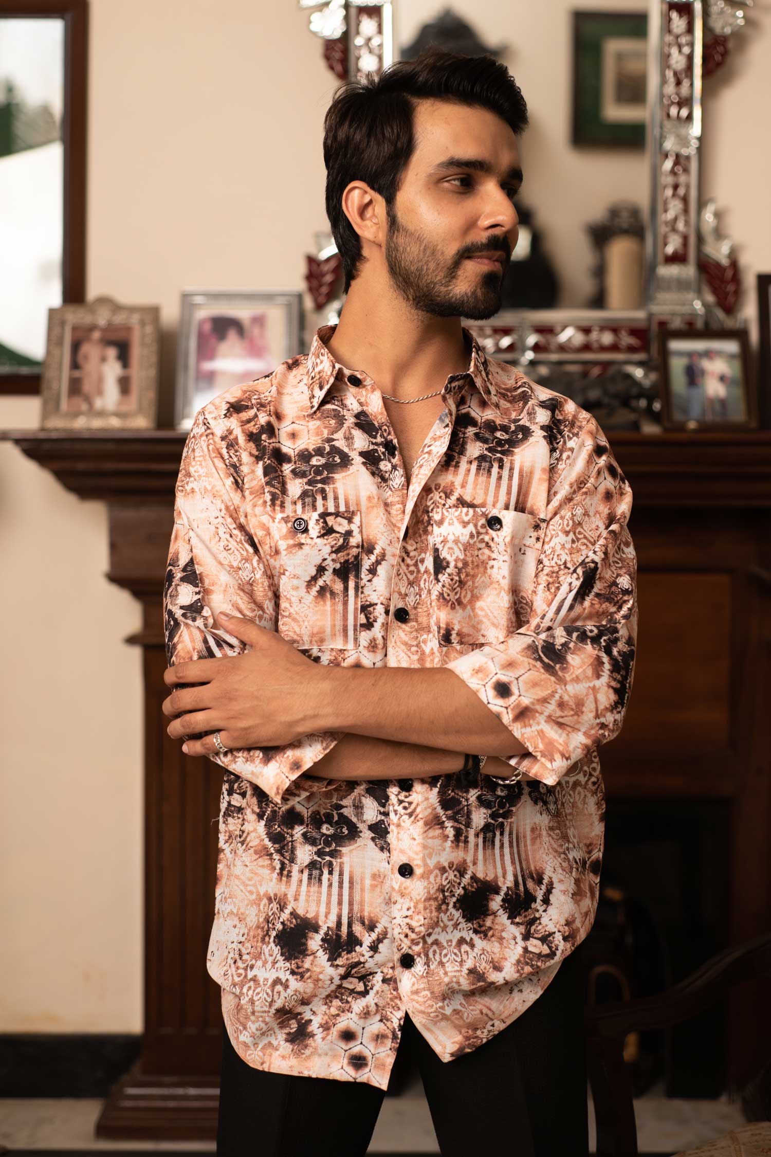 Browntech - Printed Oversized Linen Blend Shirt