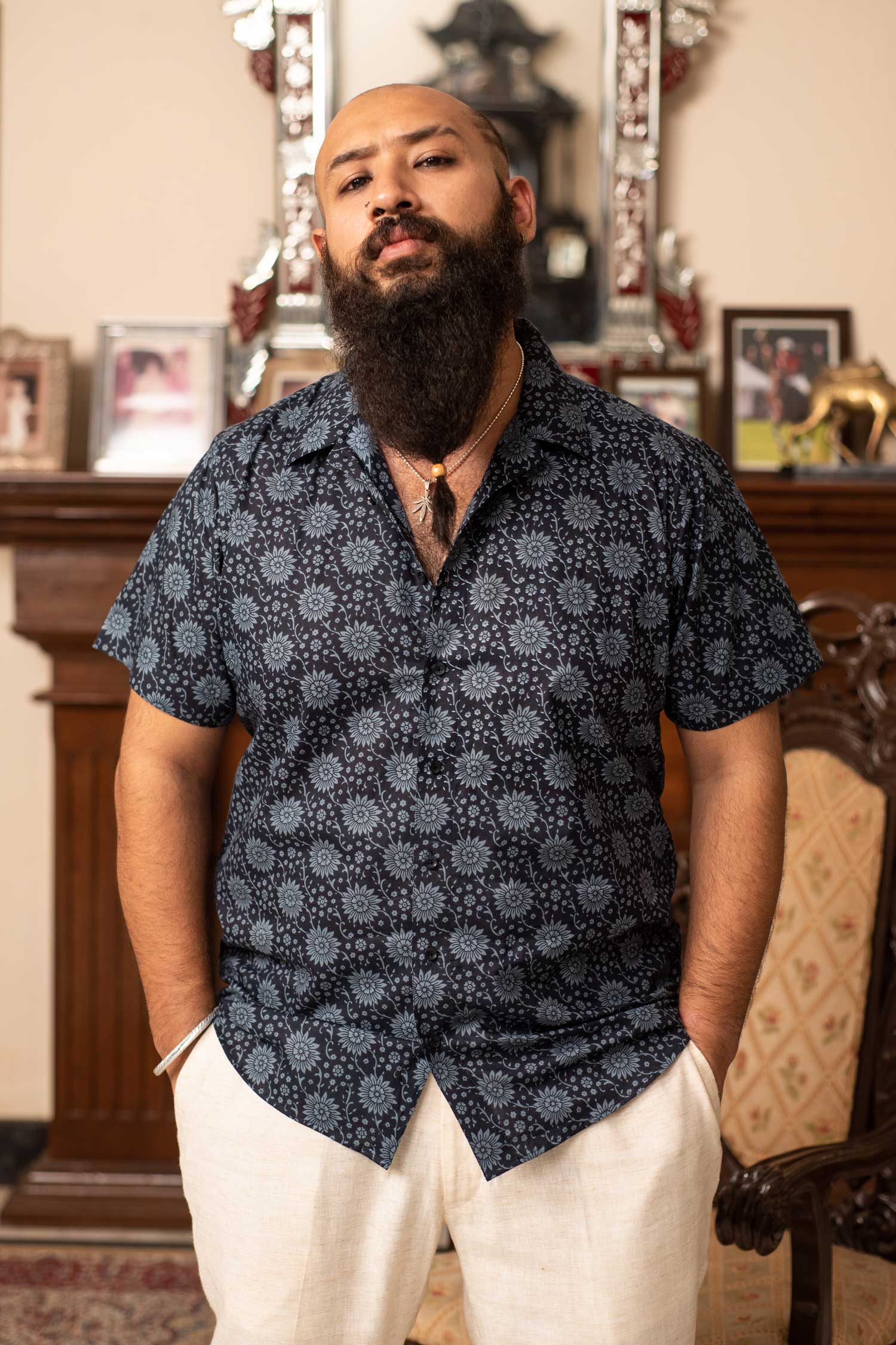 Blue Gardenia - Blue Floral Cuban Collar Shirt
