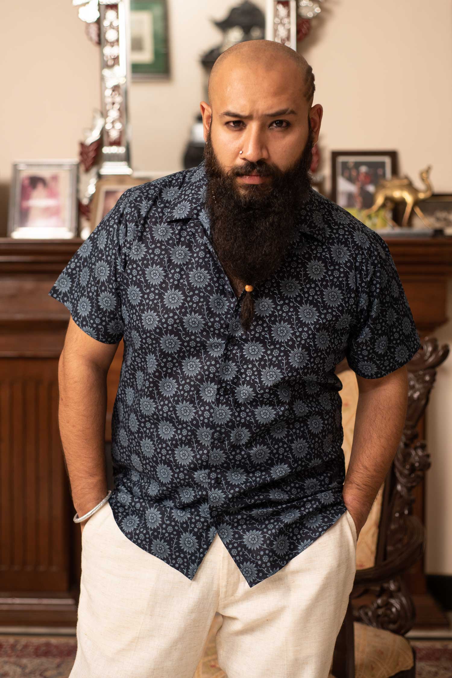 Blue Gardenia - Blue Floral Cuban Collar Shirt