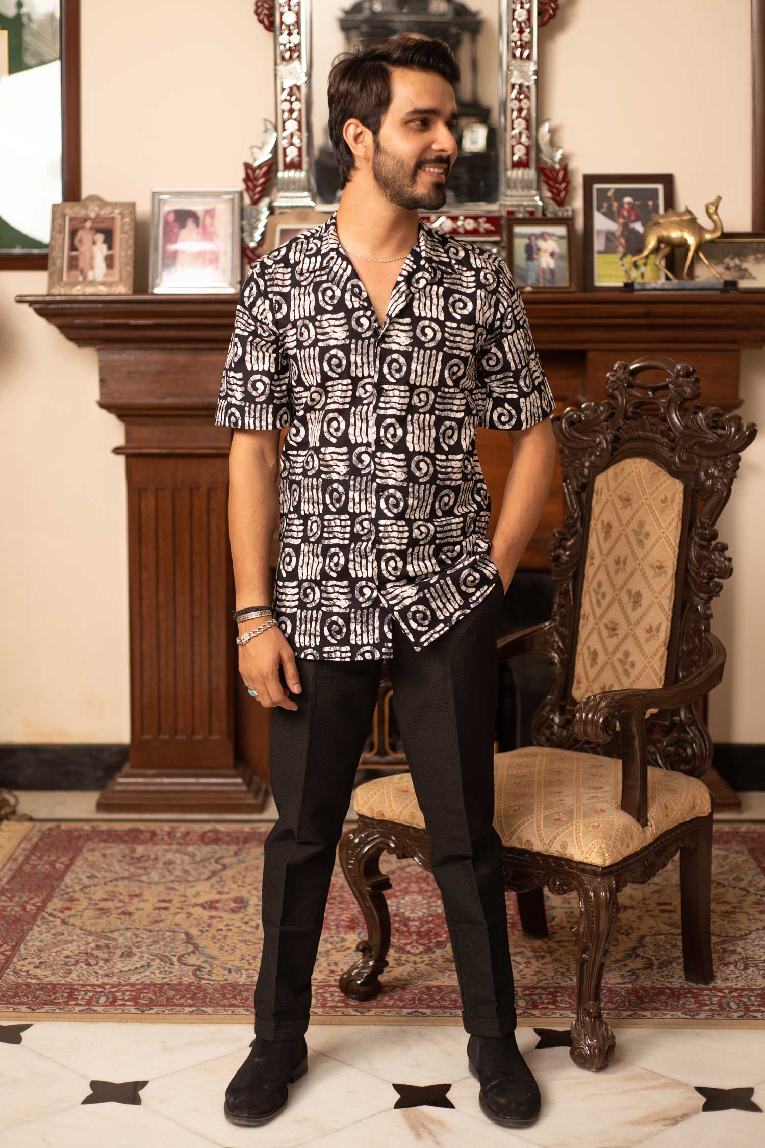 Funky Fizz - Black and White printed Cuban Collar Shirt