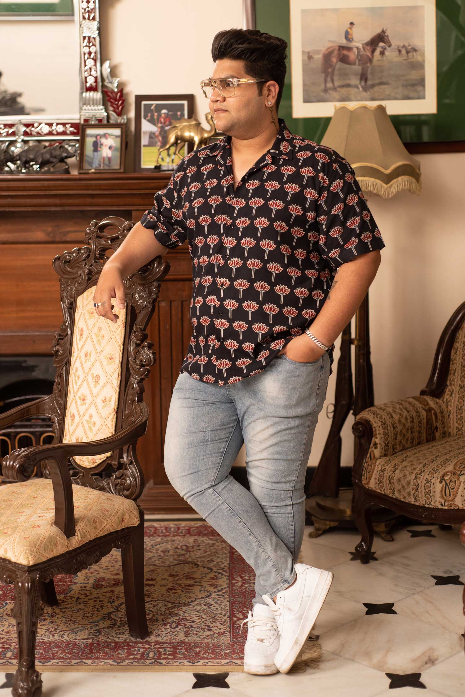 Black Lotus - Black Maroon Floral Handblock Cuban Collar Shirt