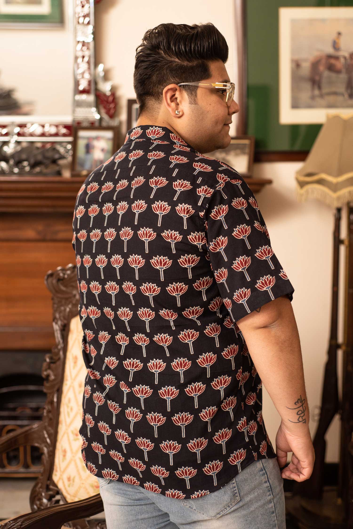 Black Lotus - Black Maroon Floral Handblock Cuban Collar Shirt