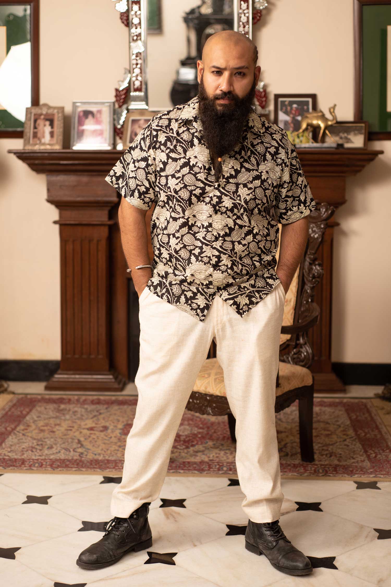 Inked Beige - Black and Beige Floral Cuban Collar Shirt