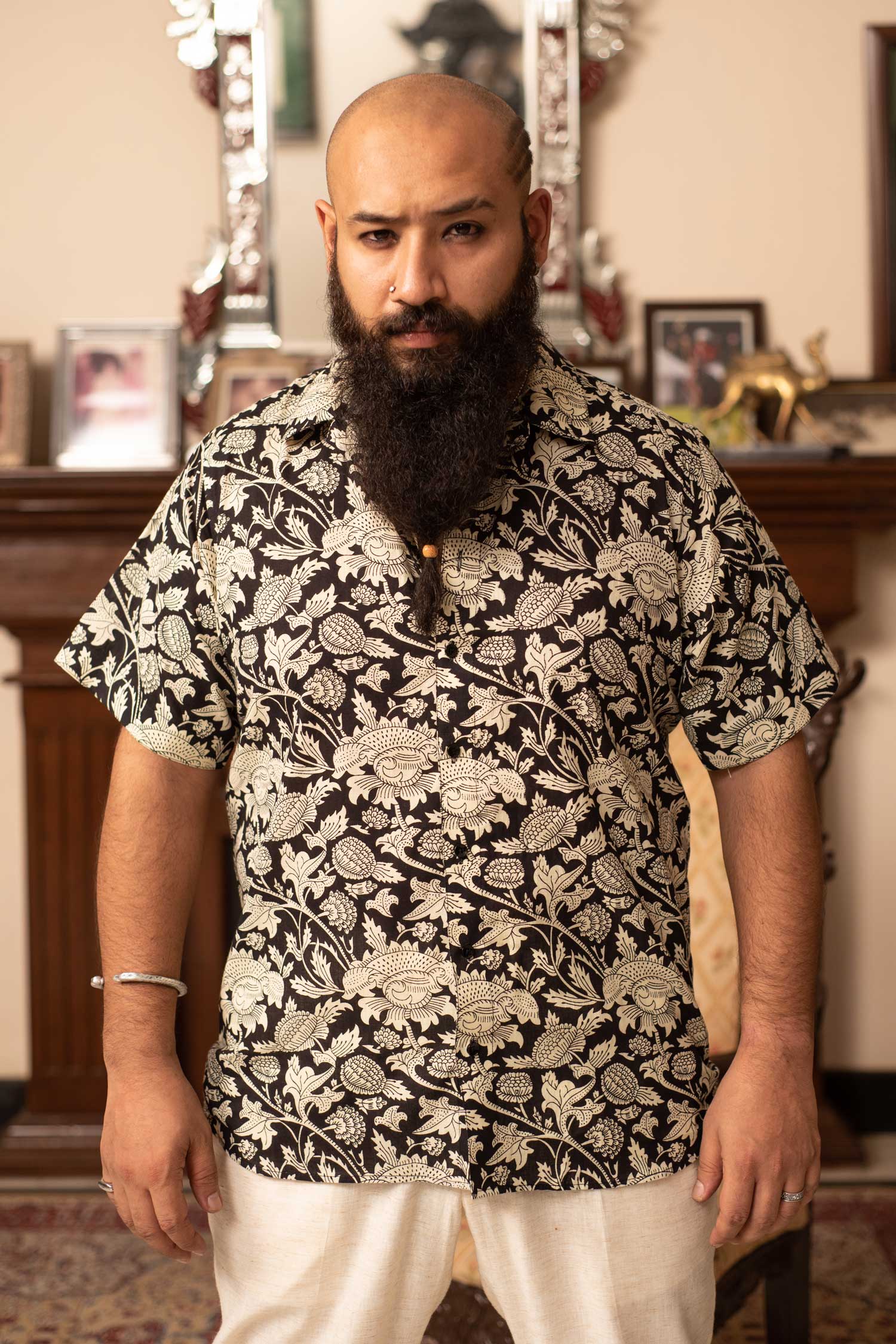 Inked Beige - Black and Beige Floral Cuban Collar Shirt