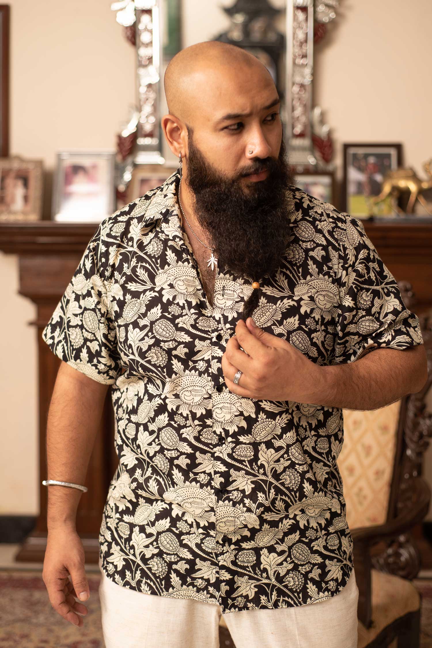 Inked Beige - Black and Beige Floral Cuban Collar Shirt